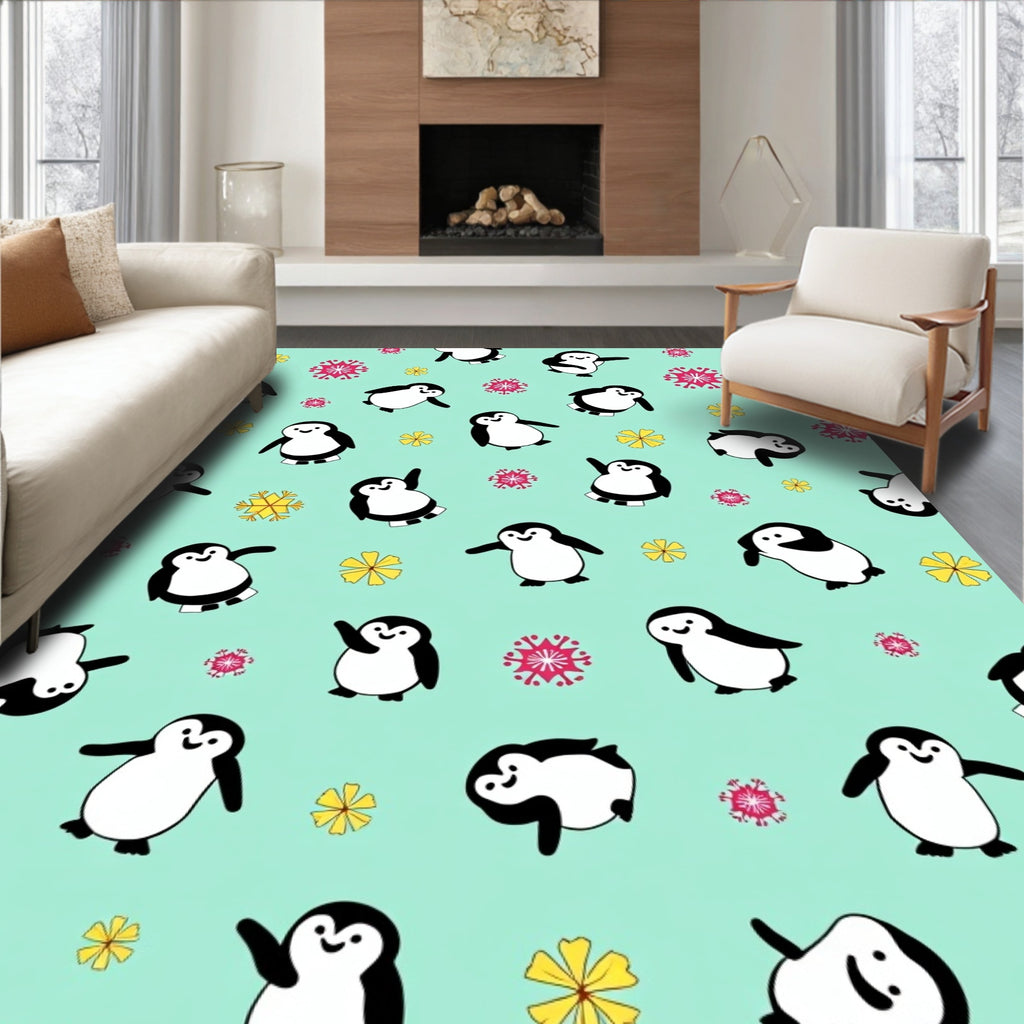 Playful Penguin Snowflakes Mint Green Rug