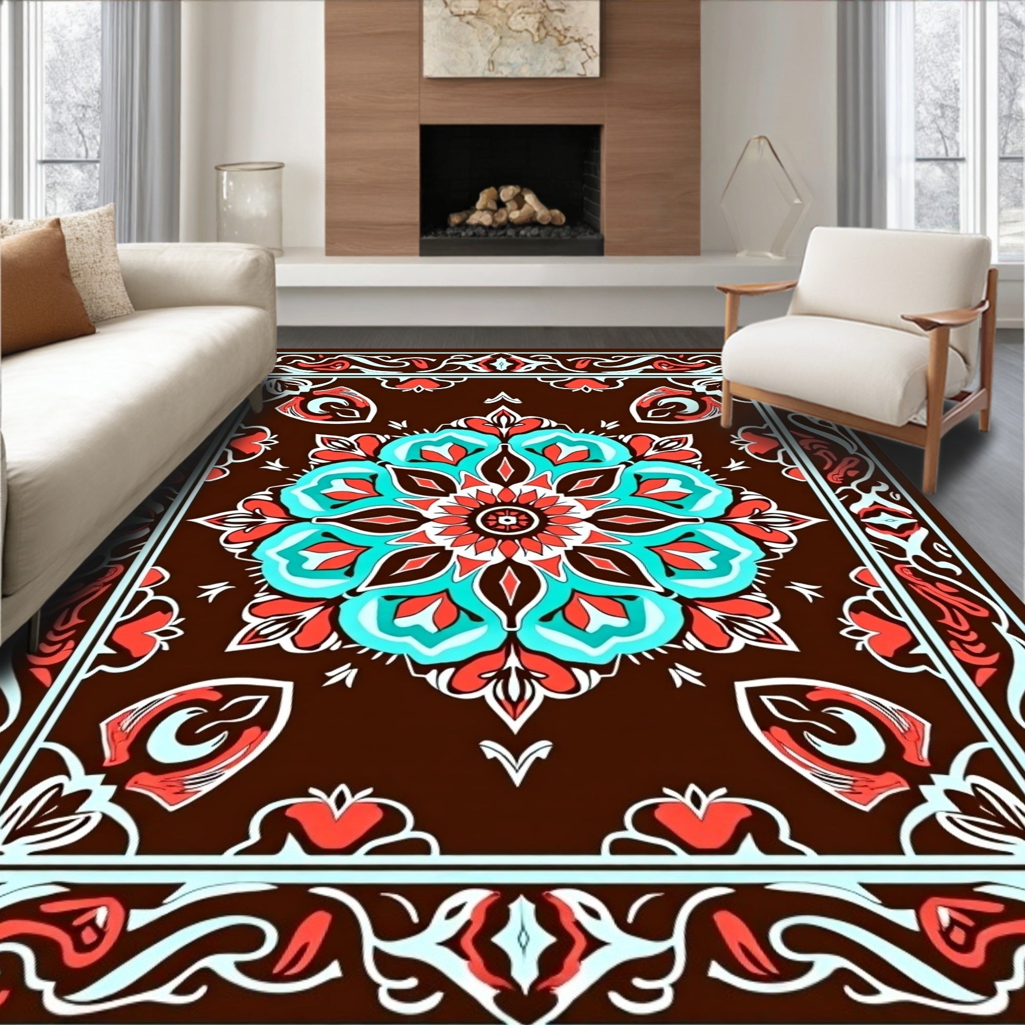 Brown Coral Aqua Medallion Border Rug