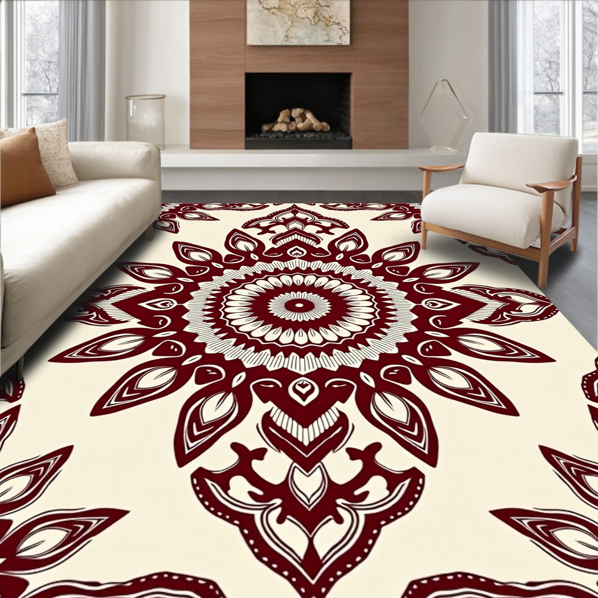 Crimson White Mandala Bloom Rug