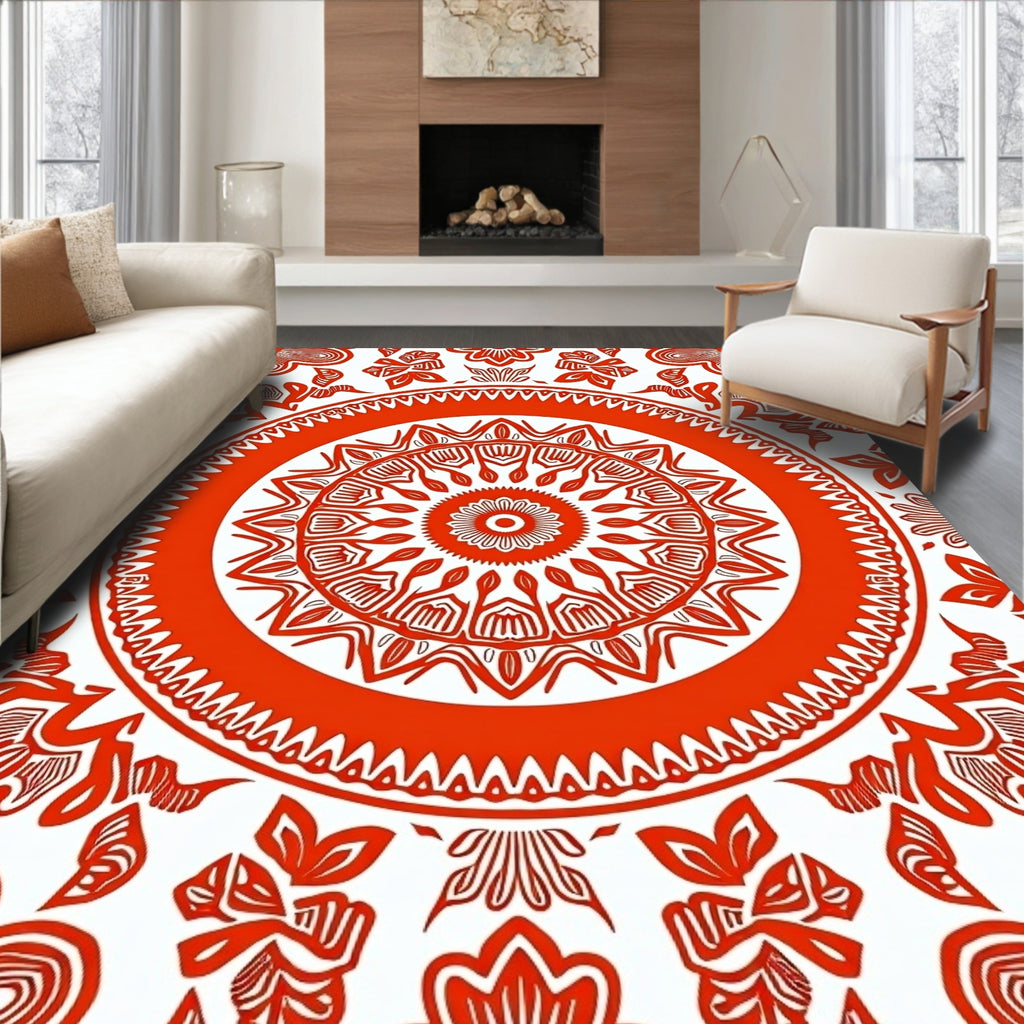 Vibrant Red Mandala Floral Ring Rug