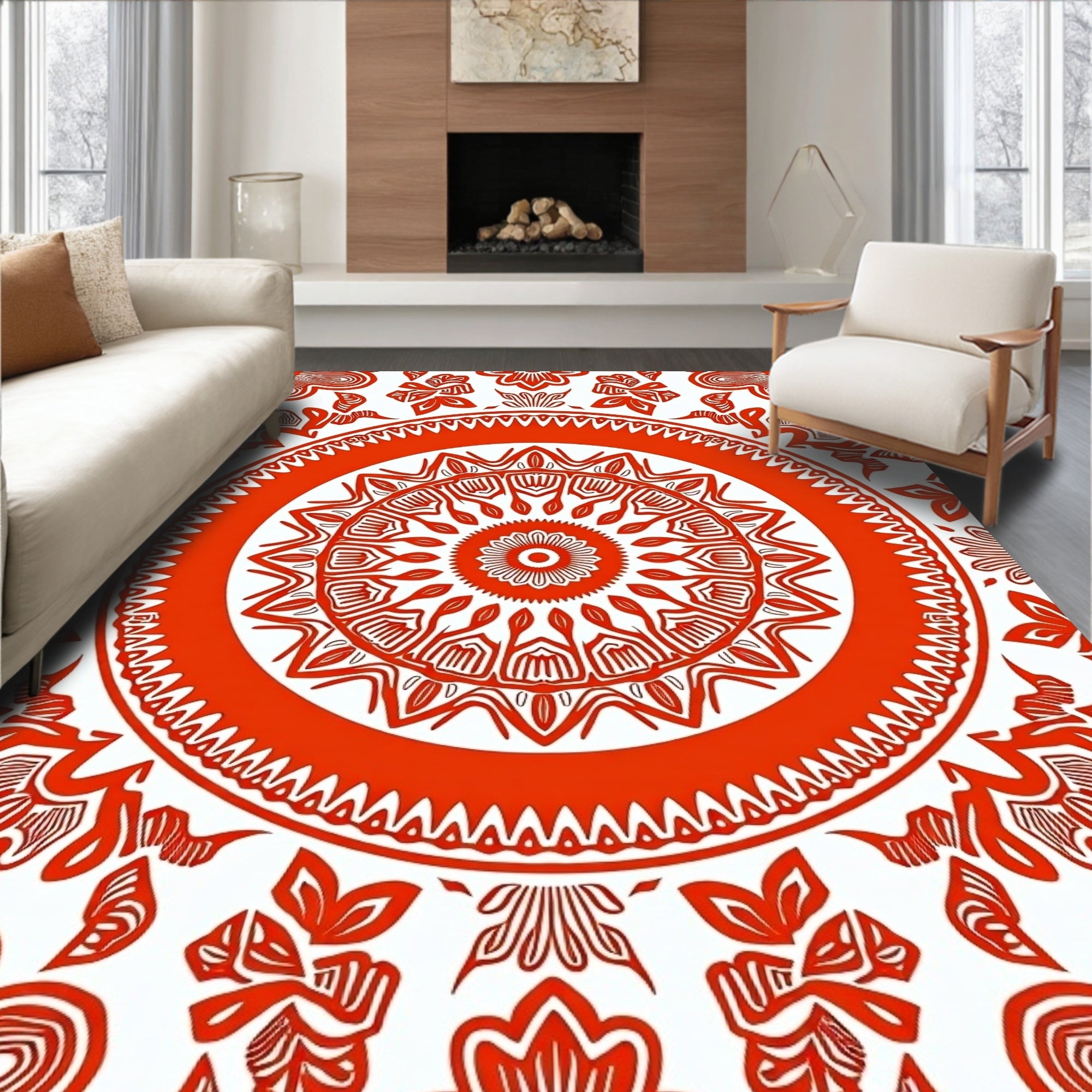 Vibrant Red Mandala Floral Ring Rug