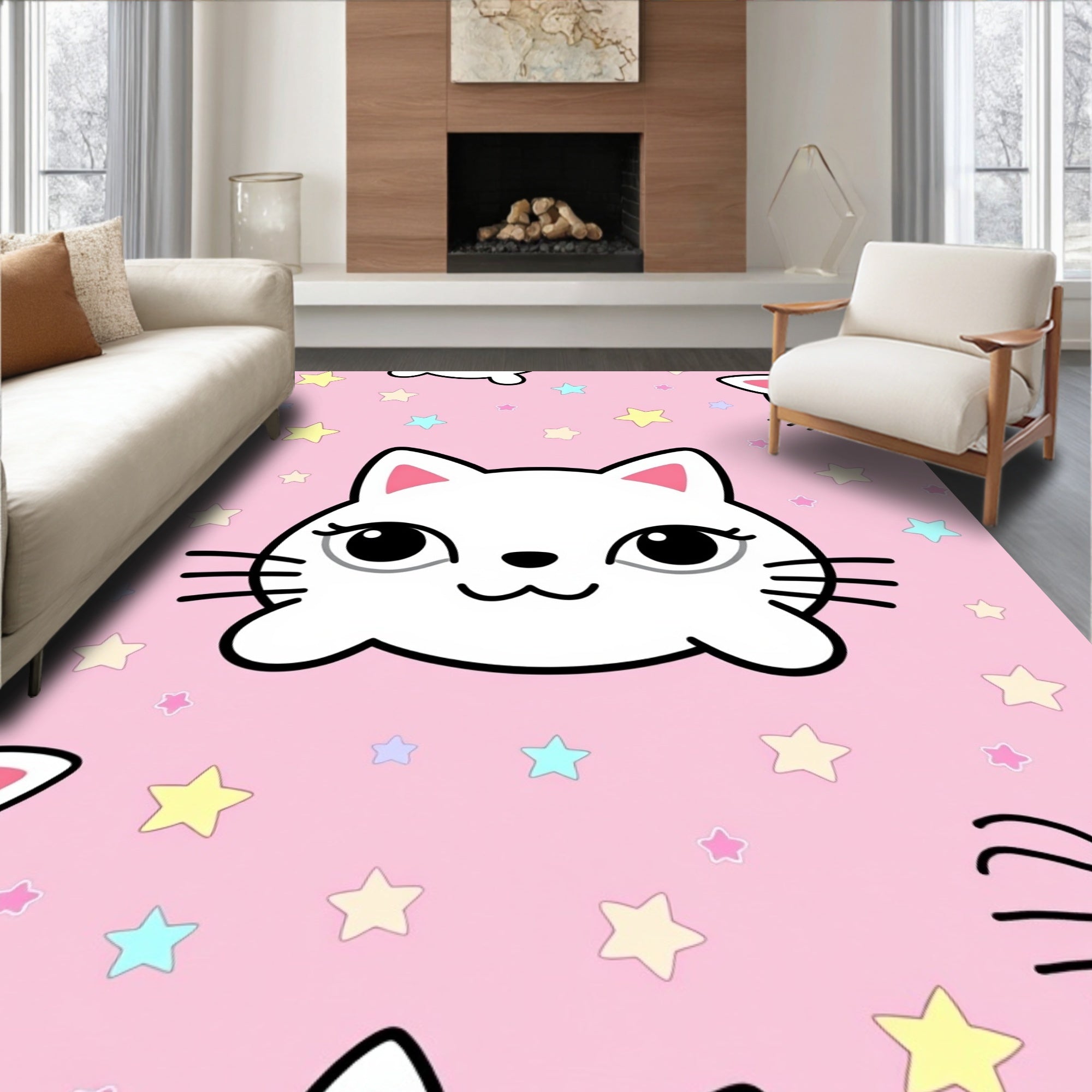 Pink Pastel Kawaii Cats Stars Rug