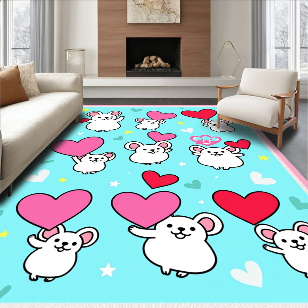 Cute Mice Hearts Aqua Fleece Throw Rug