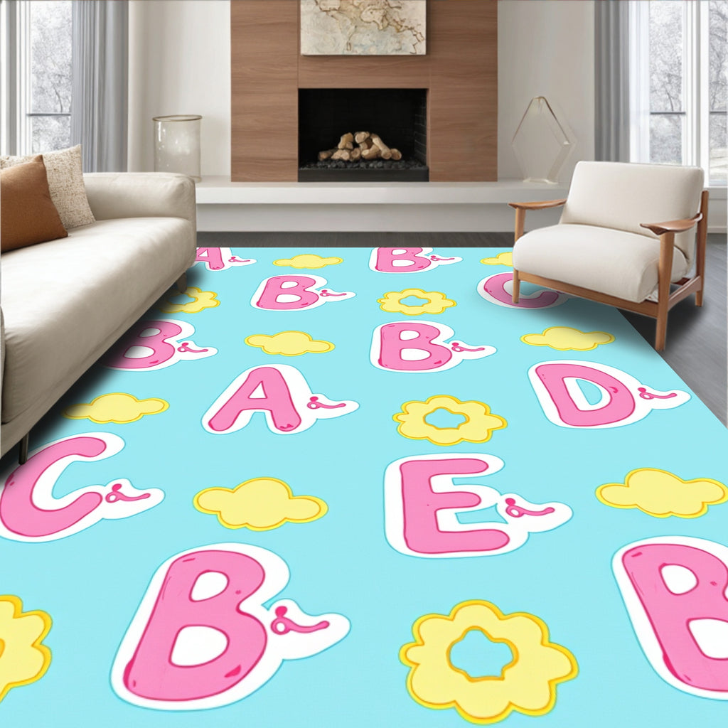 Pink Alphabet Clouds Blue Background Rug