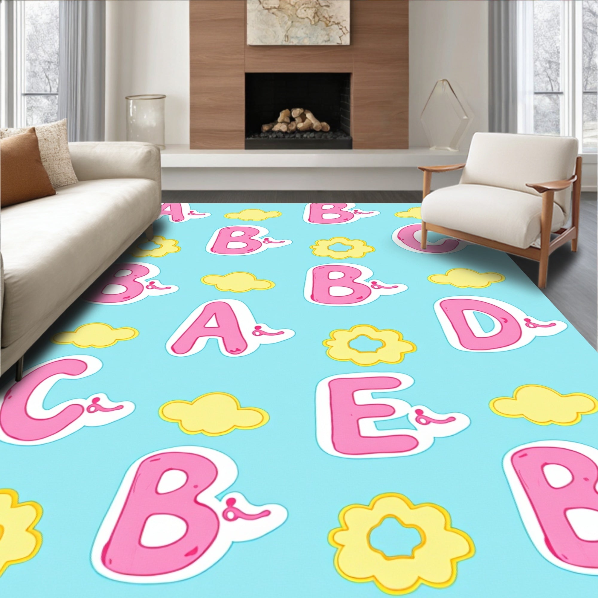 Pink Alphabet Clouds Blue Background Rug
