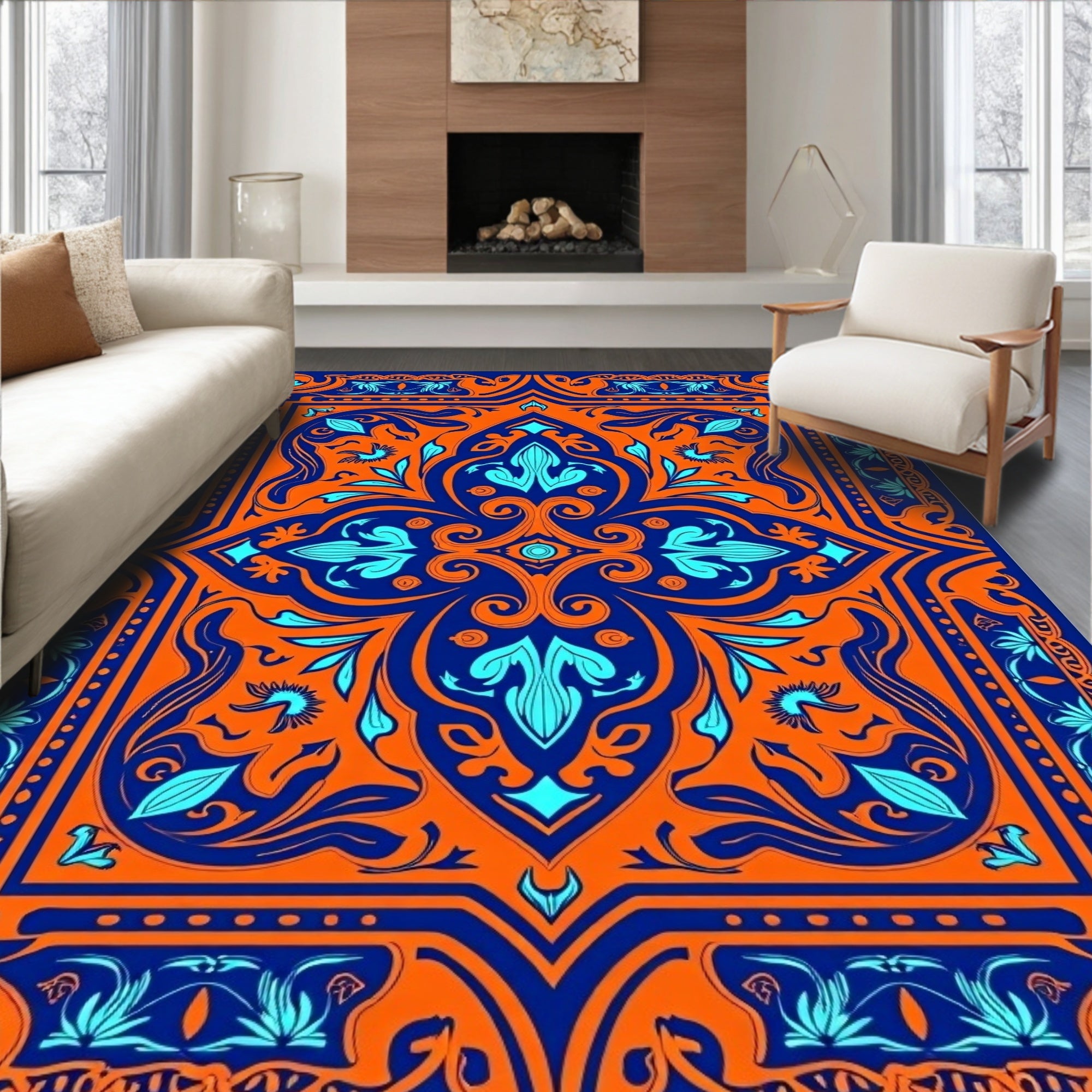 Bold Orange Blue Floral Medallion Rug