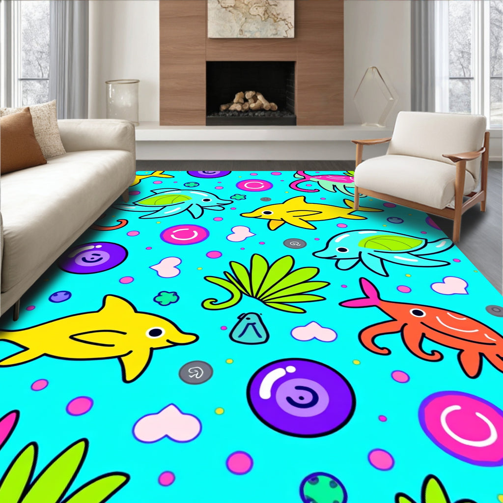Bright Aqua Friendly Sea Creatures Rug