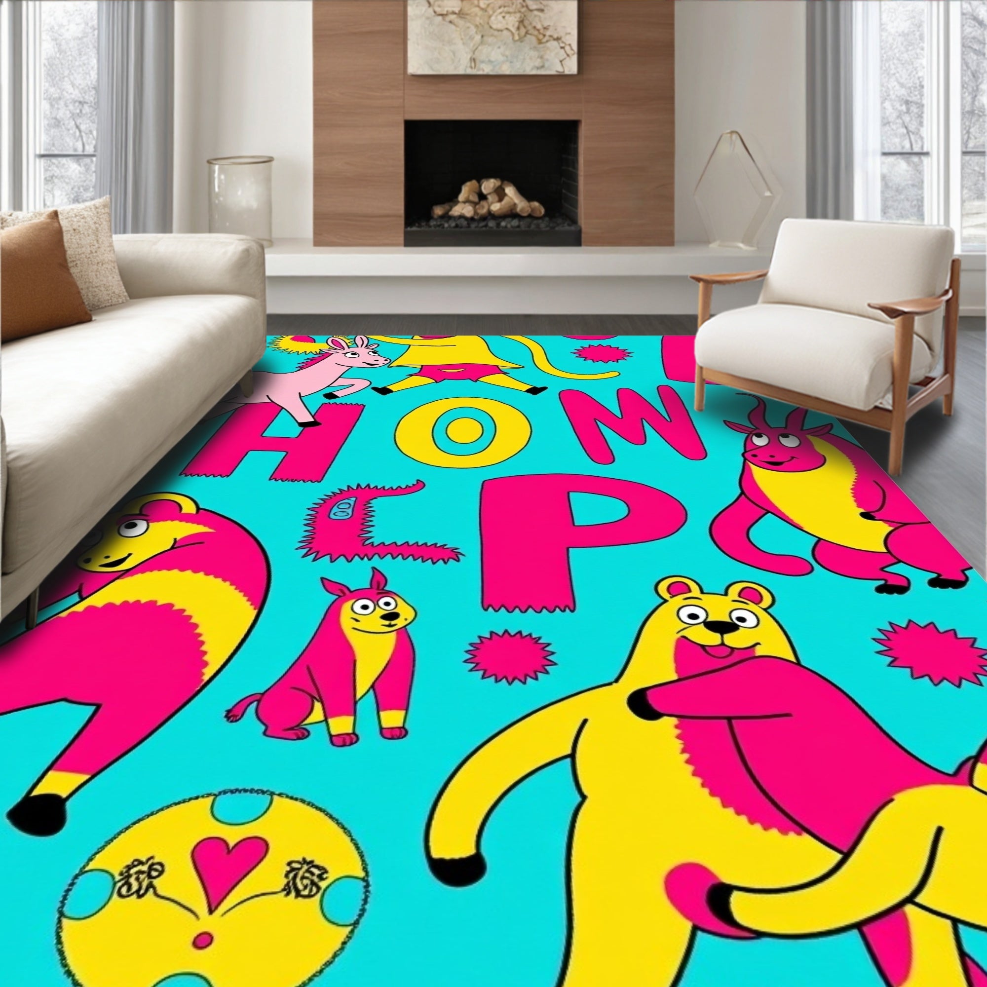 Whimsical Animals And Letters On Teal Rug