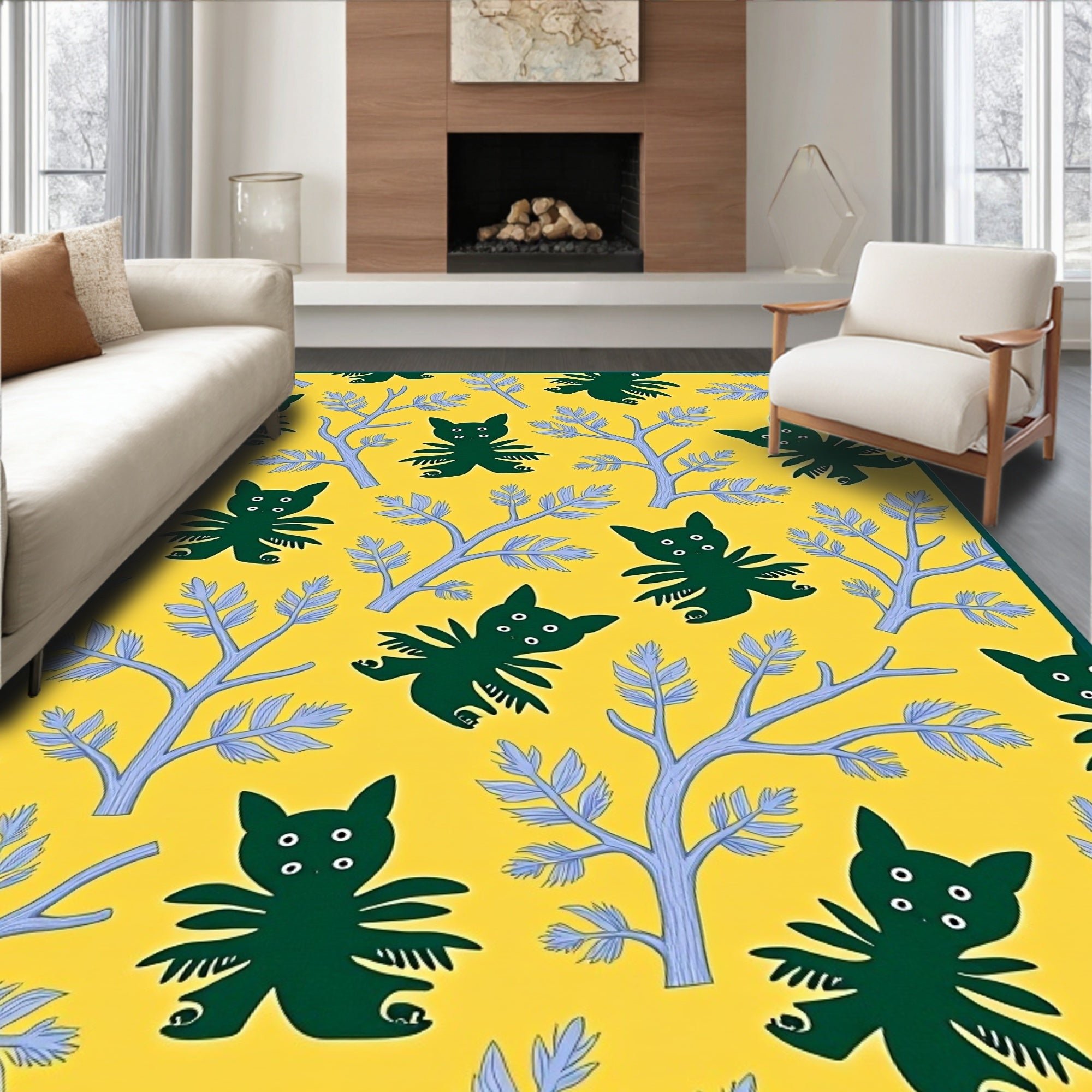Whimsical Green Creatures Yellow Garden Rug