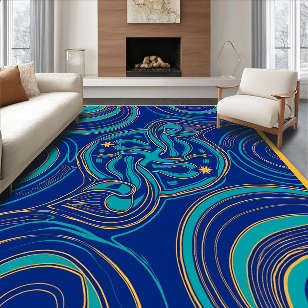 Mid Century Aqua Swirl Abstract Rug