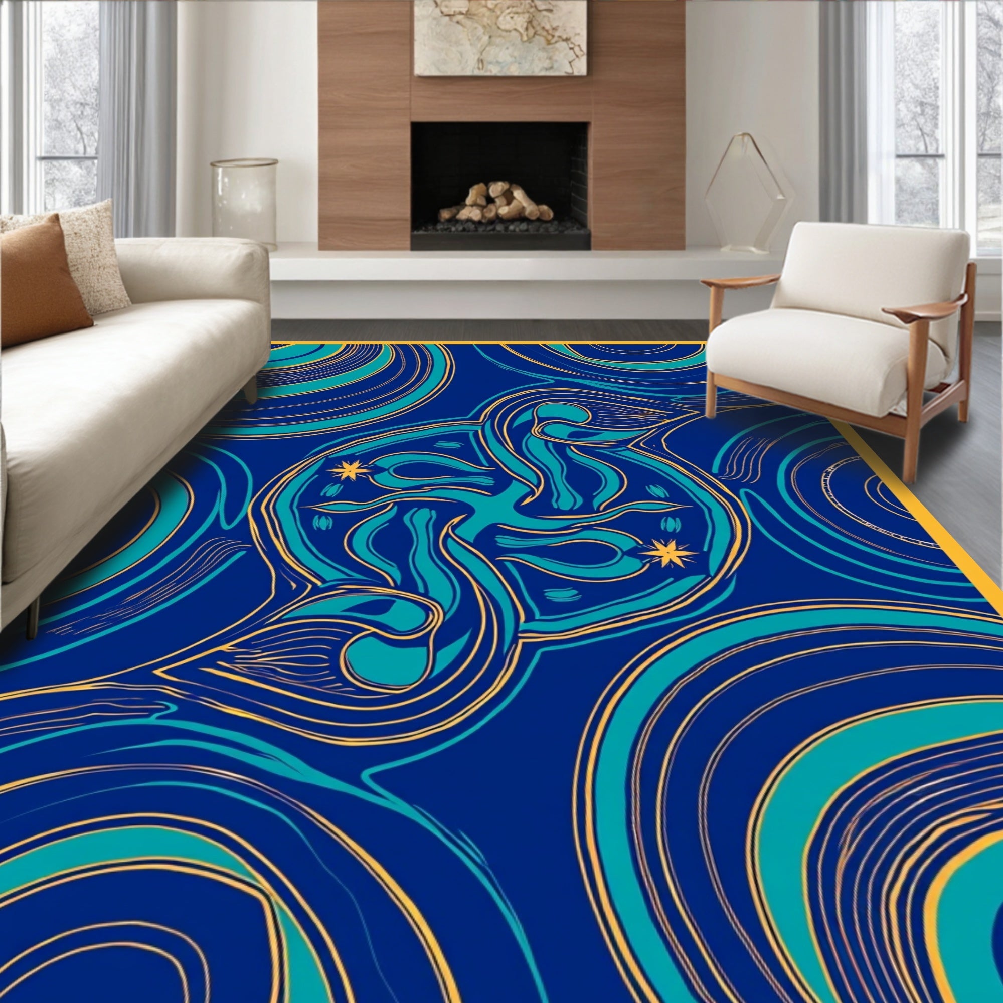 Mid Century Aqua Swirl Abstract Rug