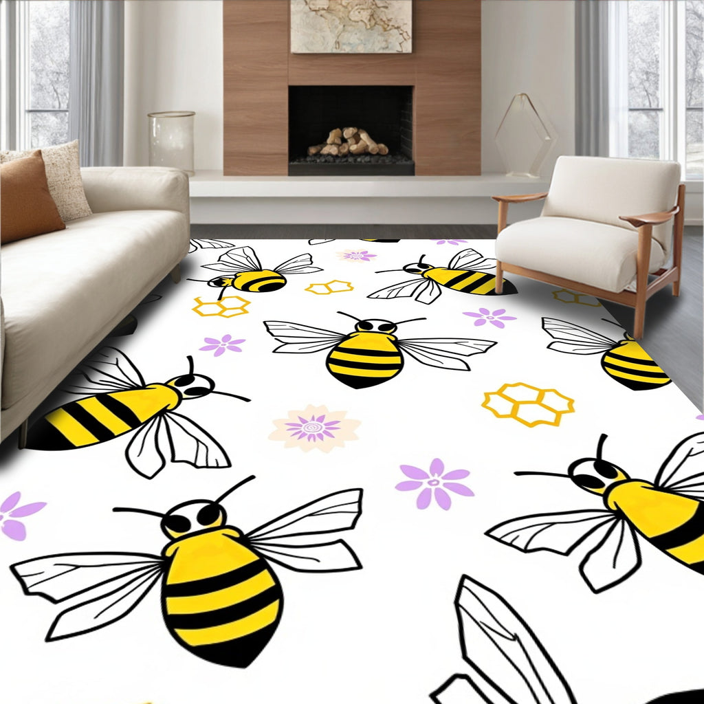 Whimsical Yellow Bee Pastel Flower Rug