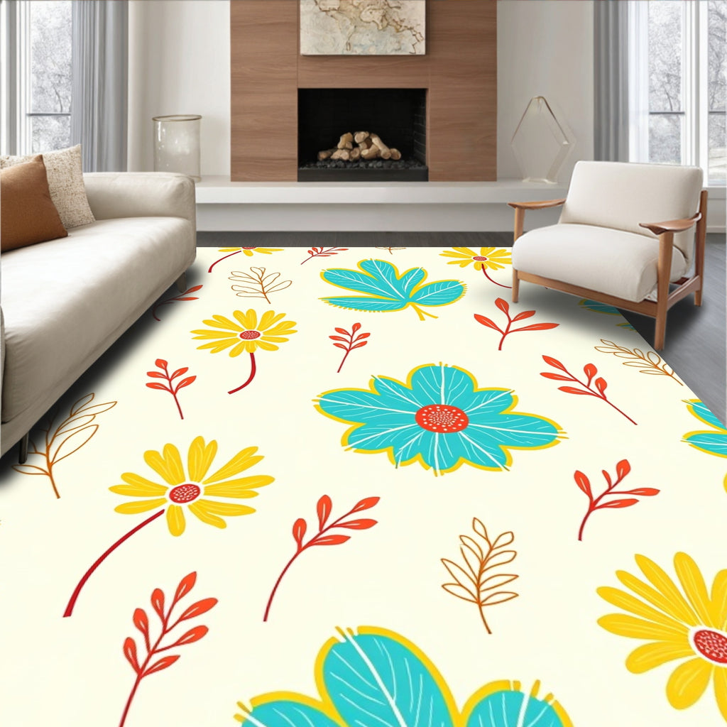 Coastal Blue Yellow Floral Branches Whimsical Rug