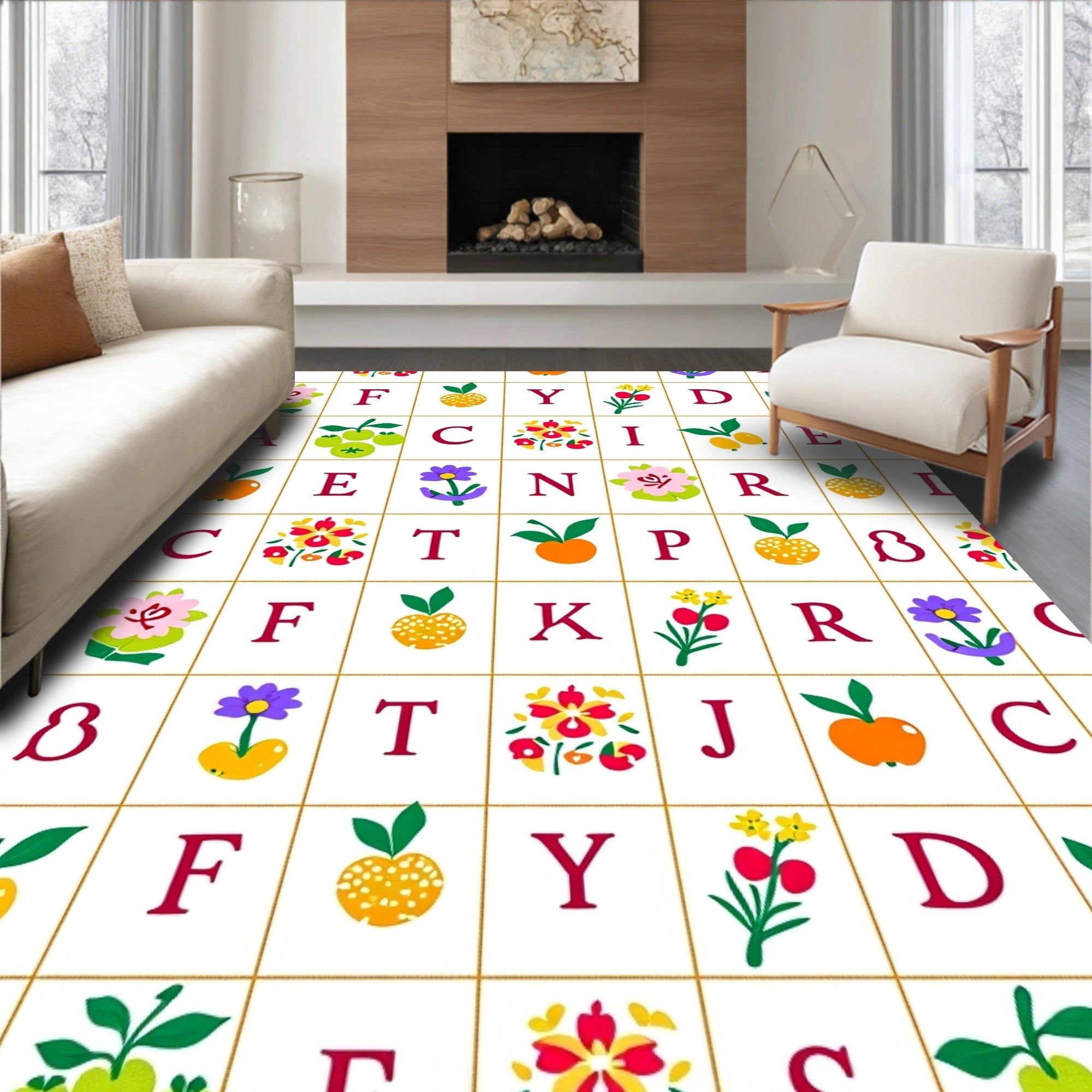 Alphabetical Fruits and Flowers Grid Rug