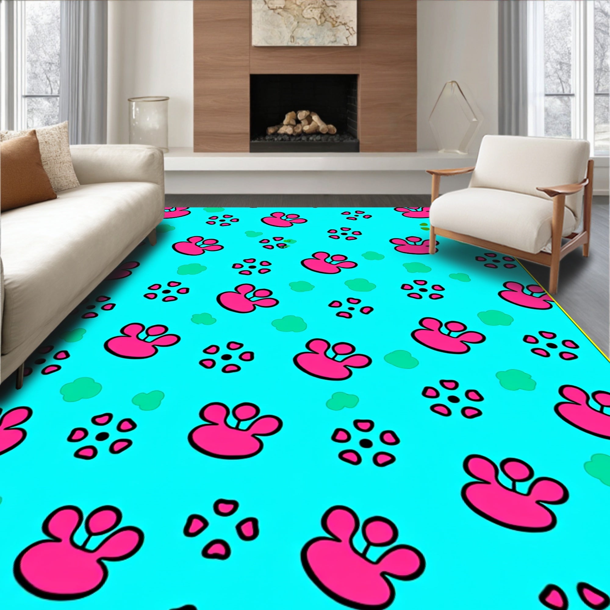 Bright Pink Flower Paw Print Aqua Rug