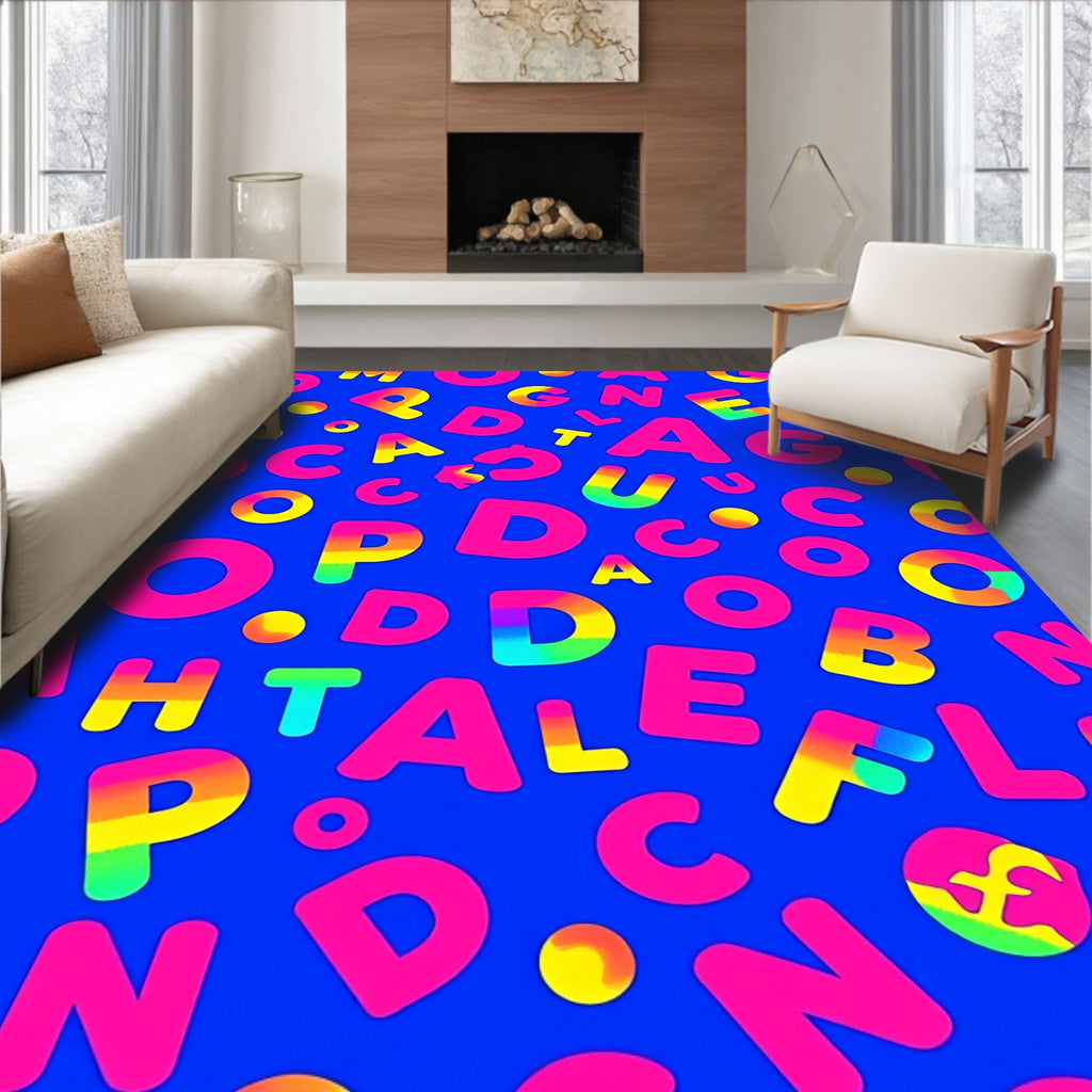 Vibrant Alphabet Collage Rainbow Squares Rug