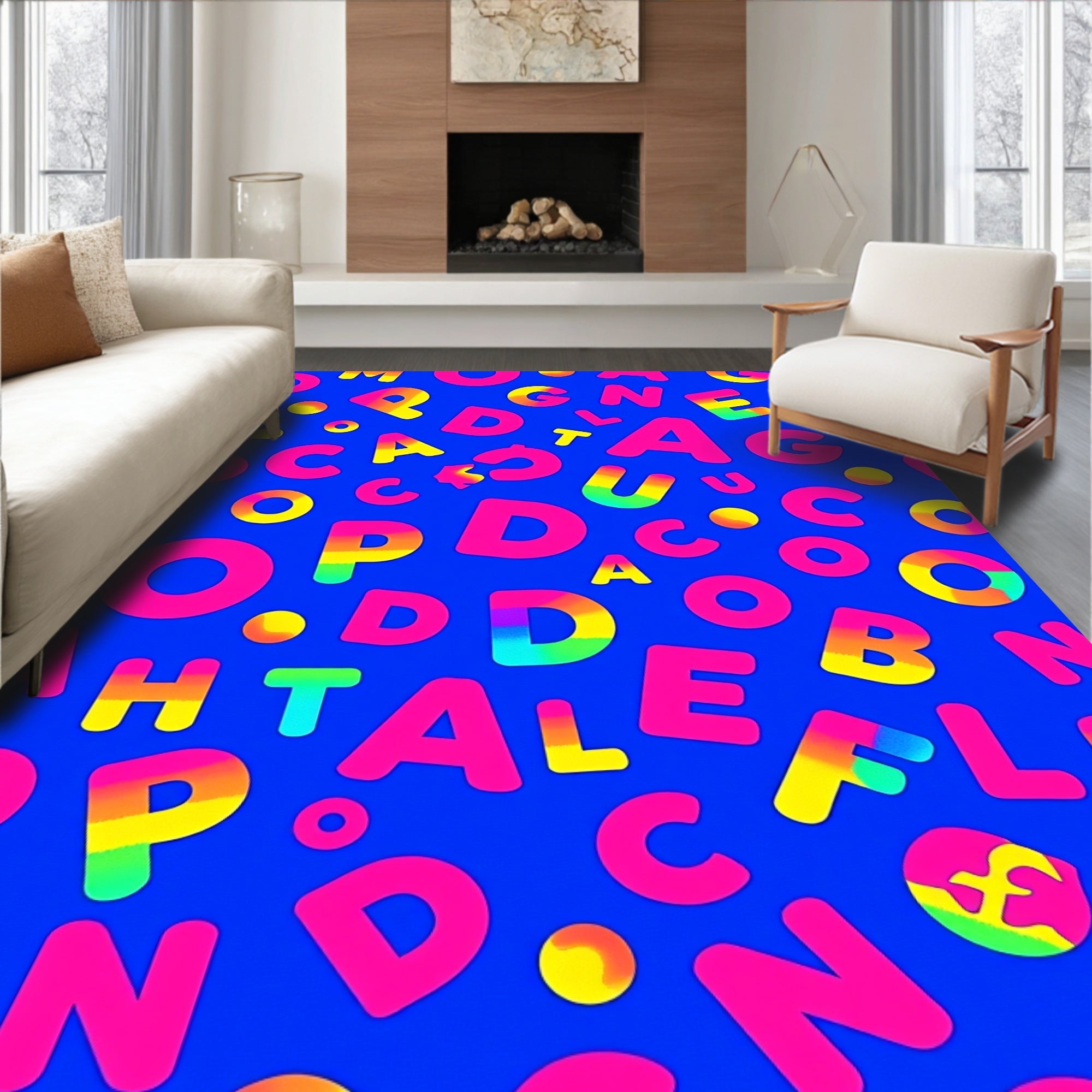 Vibrant Alphabet Collage Rainbow Squares Rug