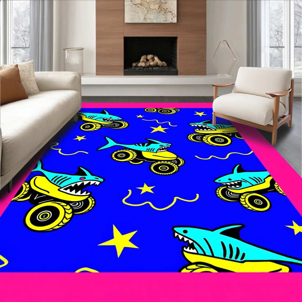 Awesome Shark Monster Truck Blue Field Rug