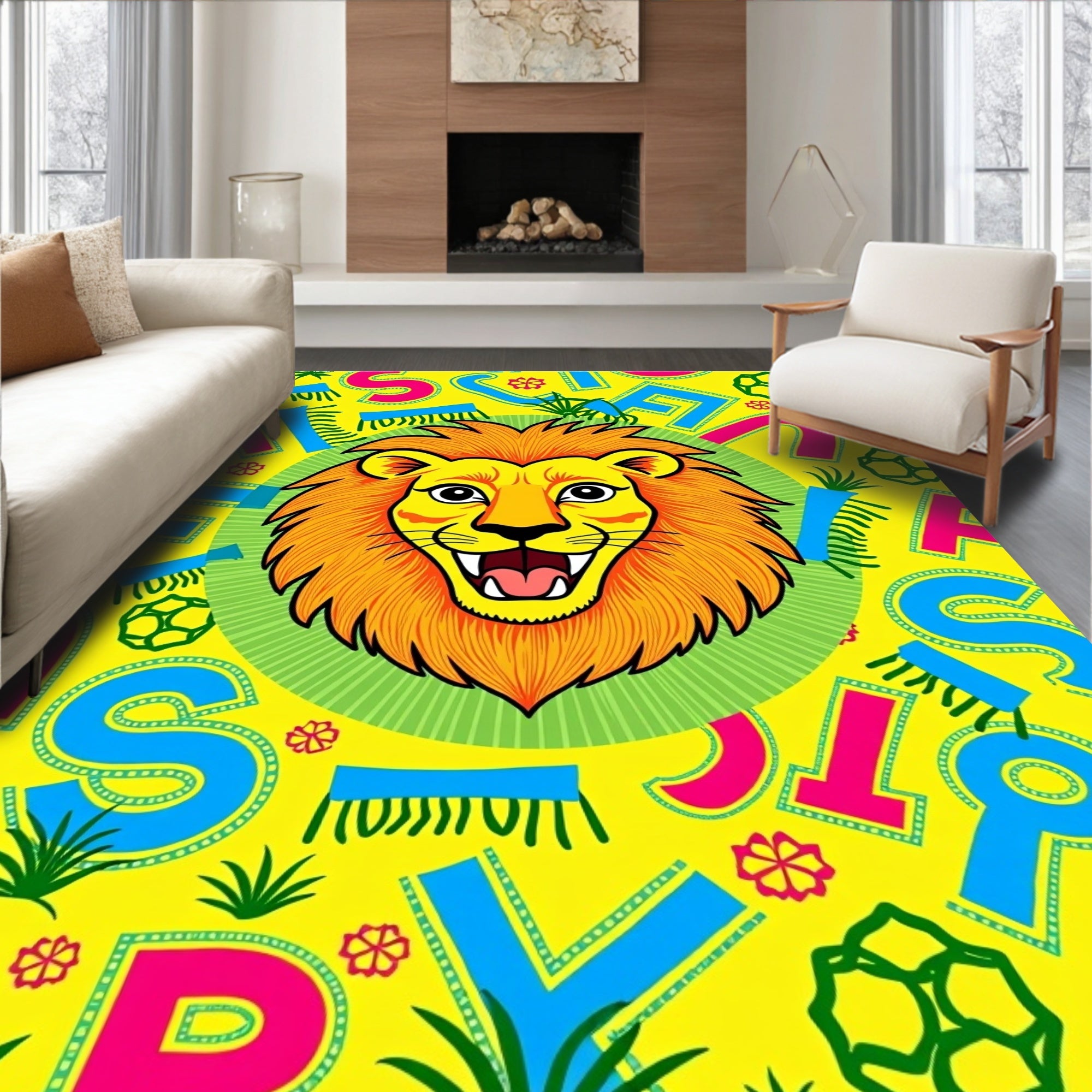 Bold Yellow Lion Alphabet Zoo Rug