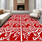 Bold Red White Stylized Hieroglyphics Rug