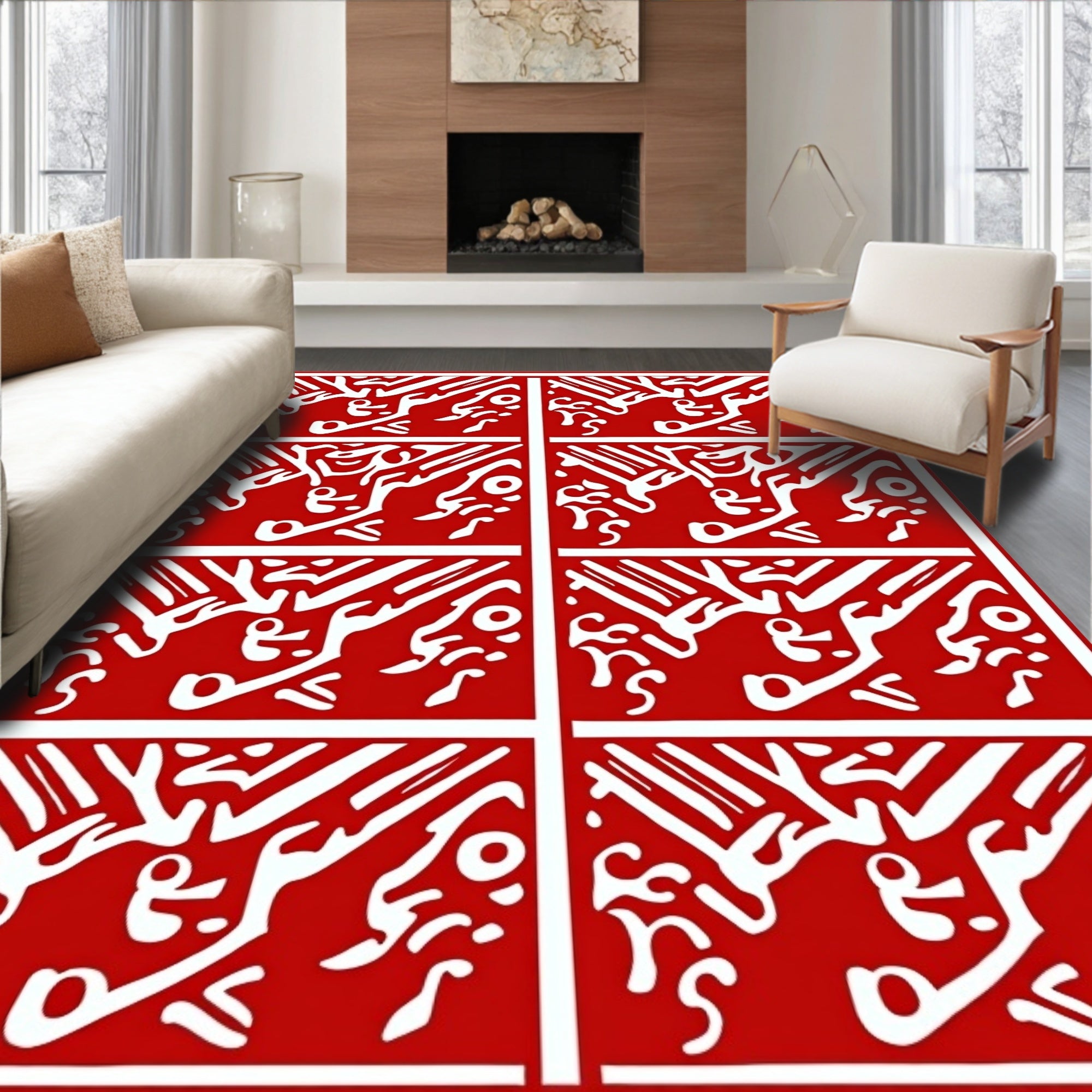Bold Red White Stylized Hieroglyphics Rug