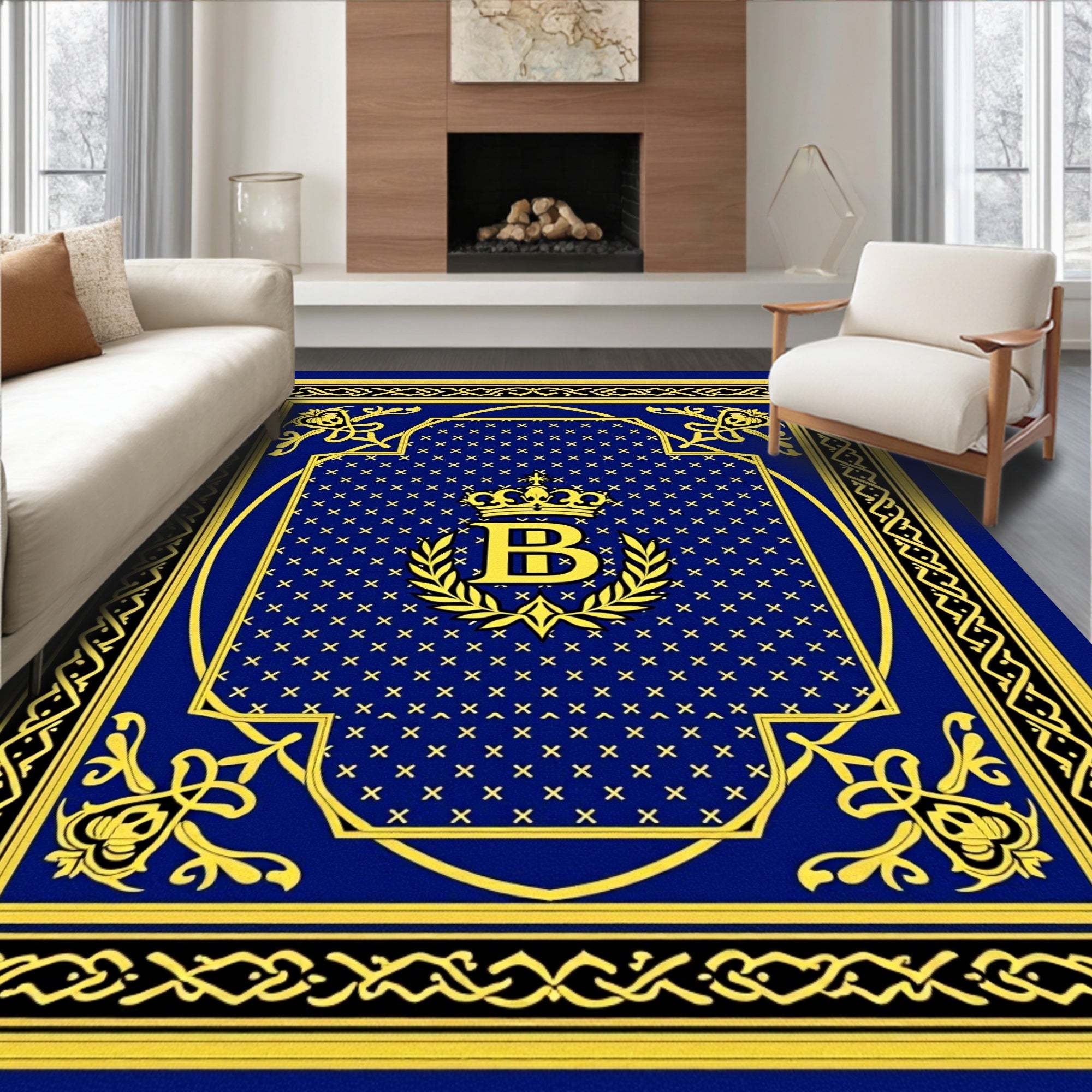 Regal Blue Gold Crown Emblem Rug