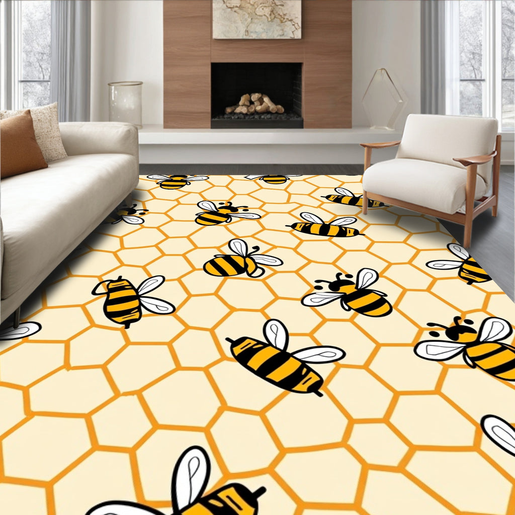 Whimsical Yellow Striped Bees Honeycomb Rug