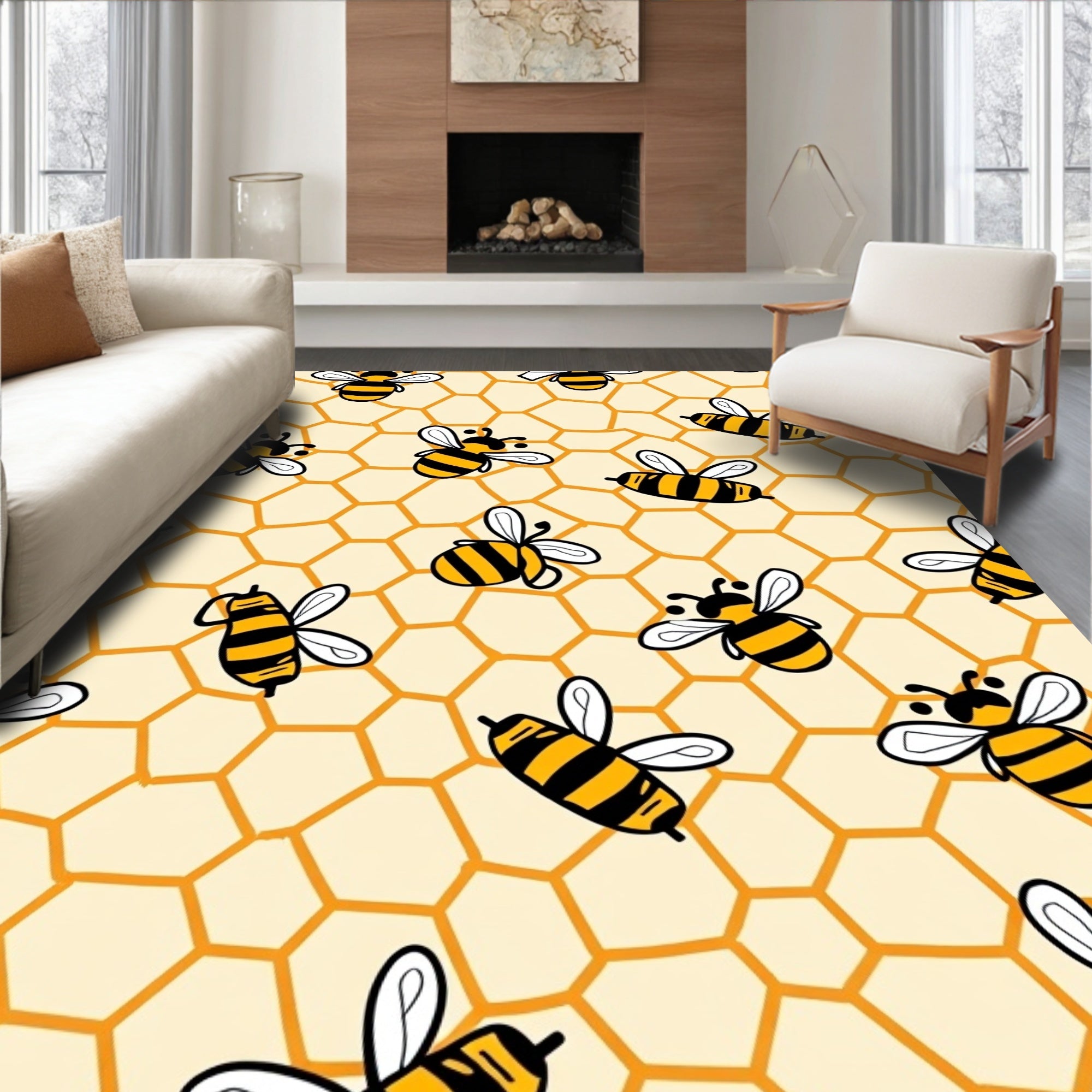Whimsical Yellow Striped Bees Honeycomb Rug