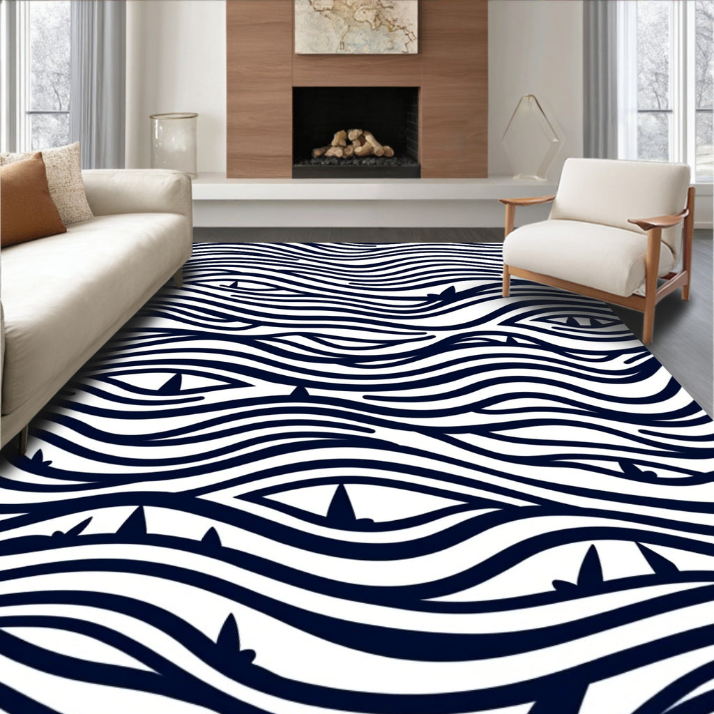 Navy Blue Wavy Stripes Eyes Rug
