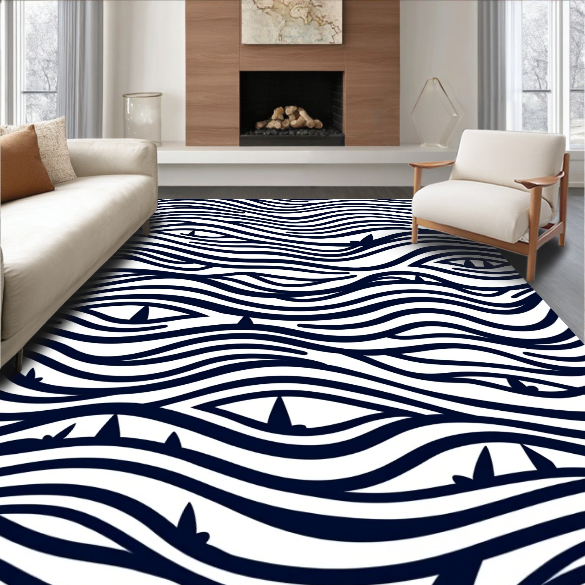 Navy Blue Wavy Stripes Eyes Rug