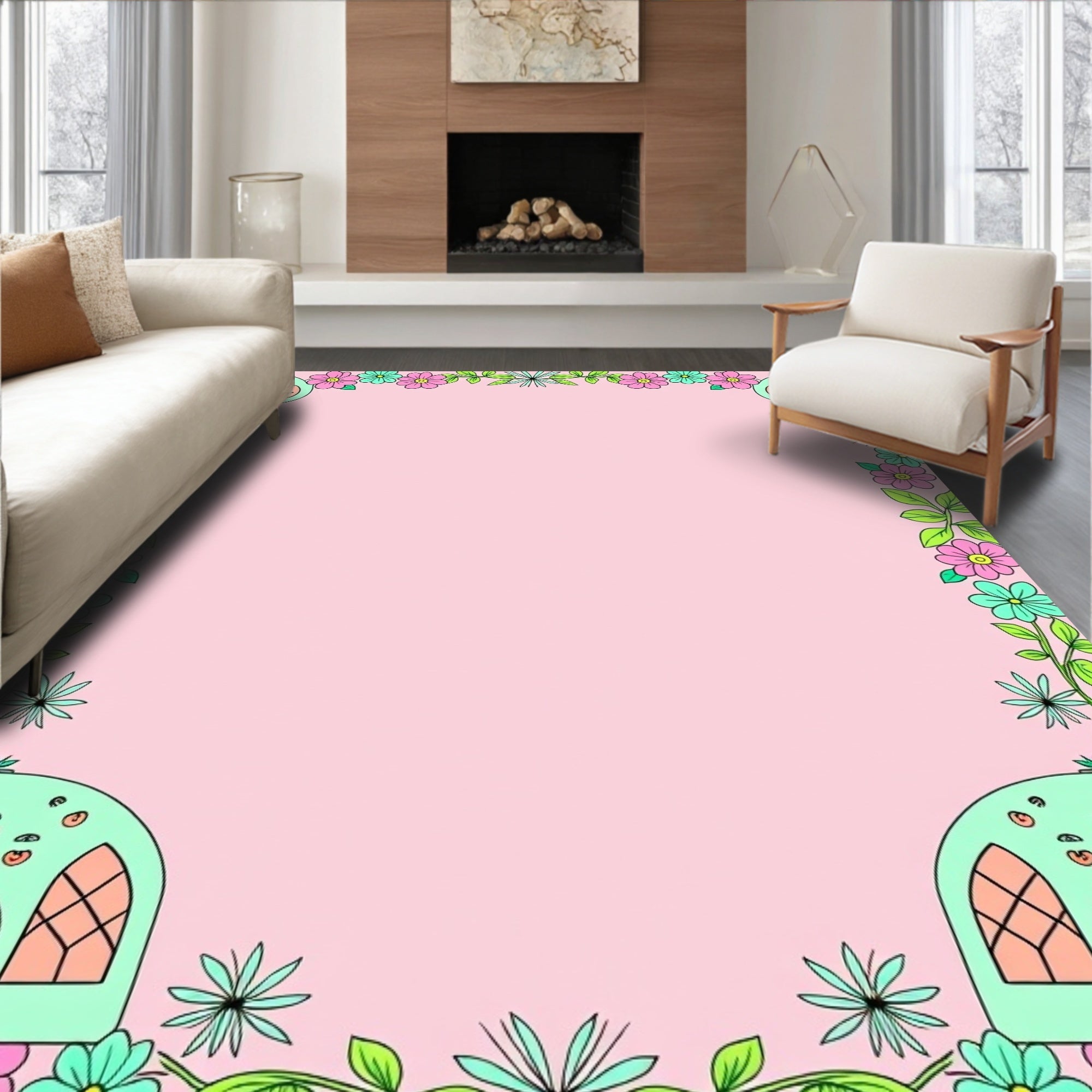 Whimsical Pink Teal Floral Archway Rug
