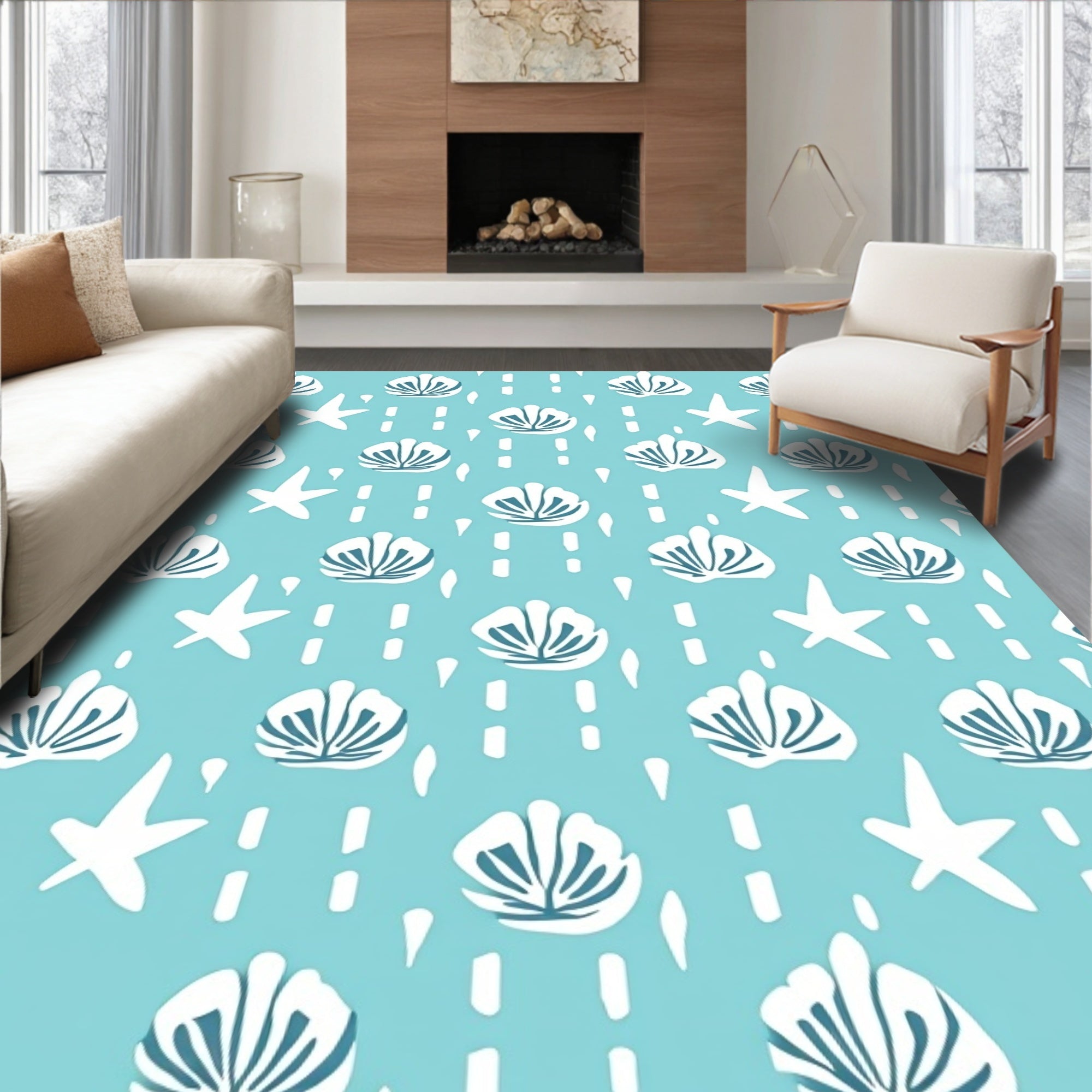 Aqua White Shell Starburst Repeating Rug