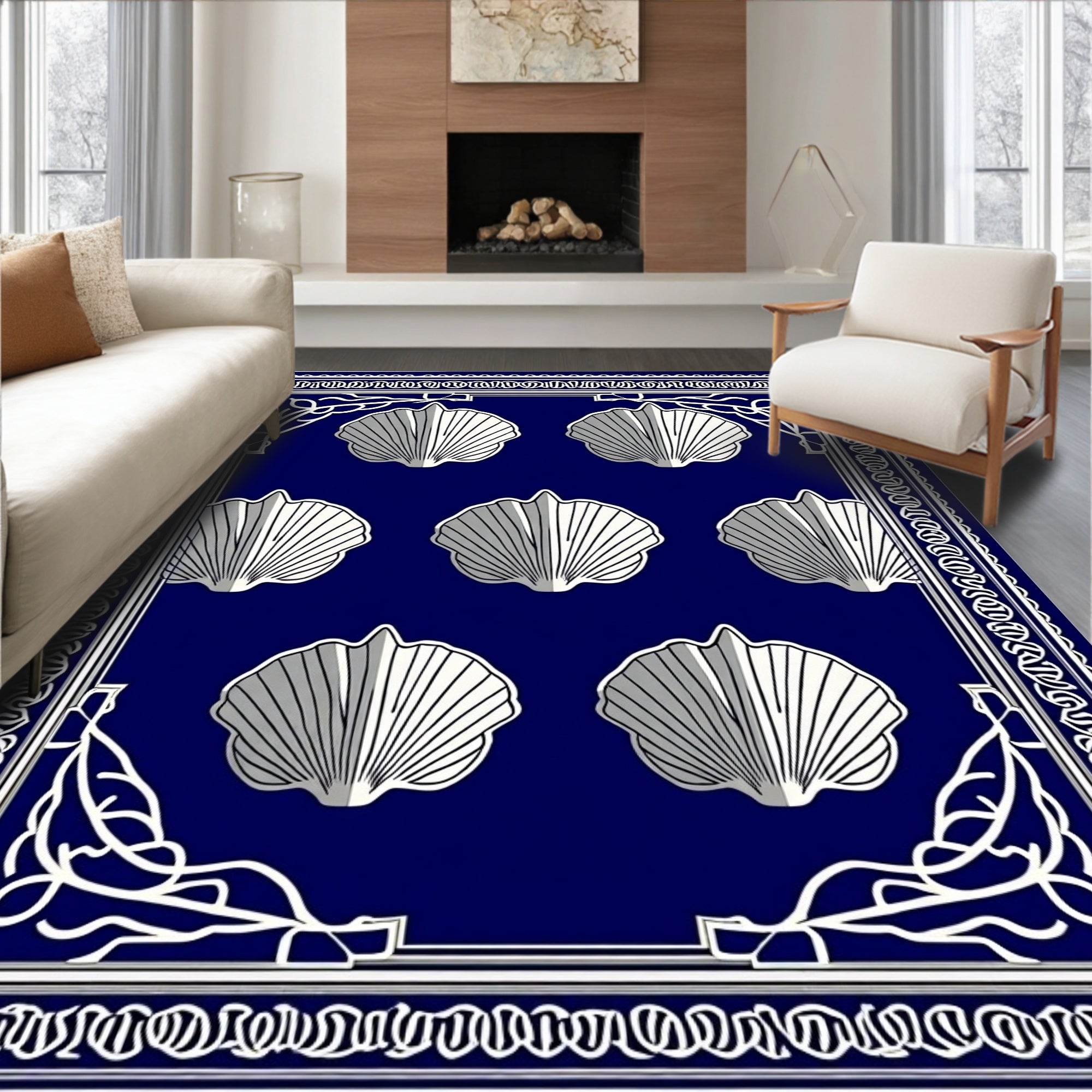 Navy Blue Scallop Shell Border Rug