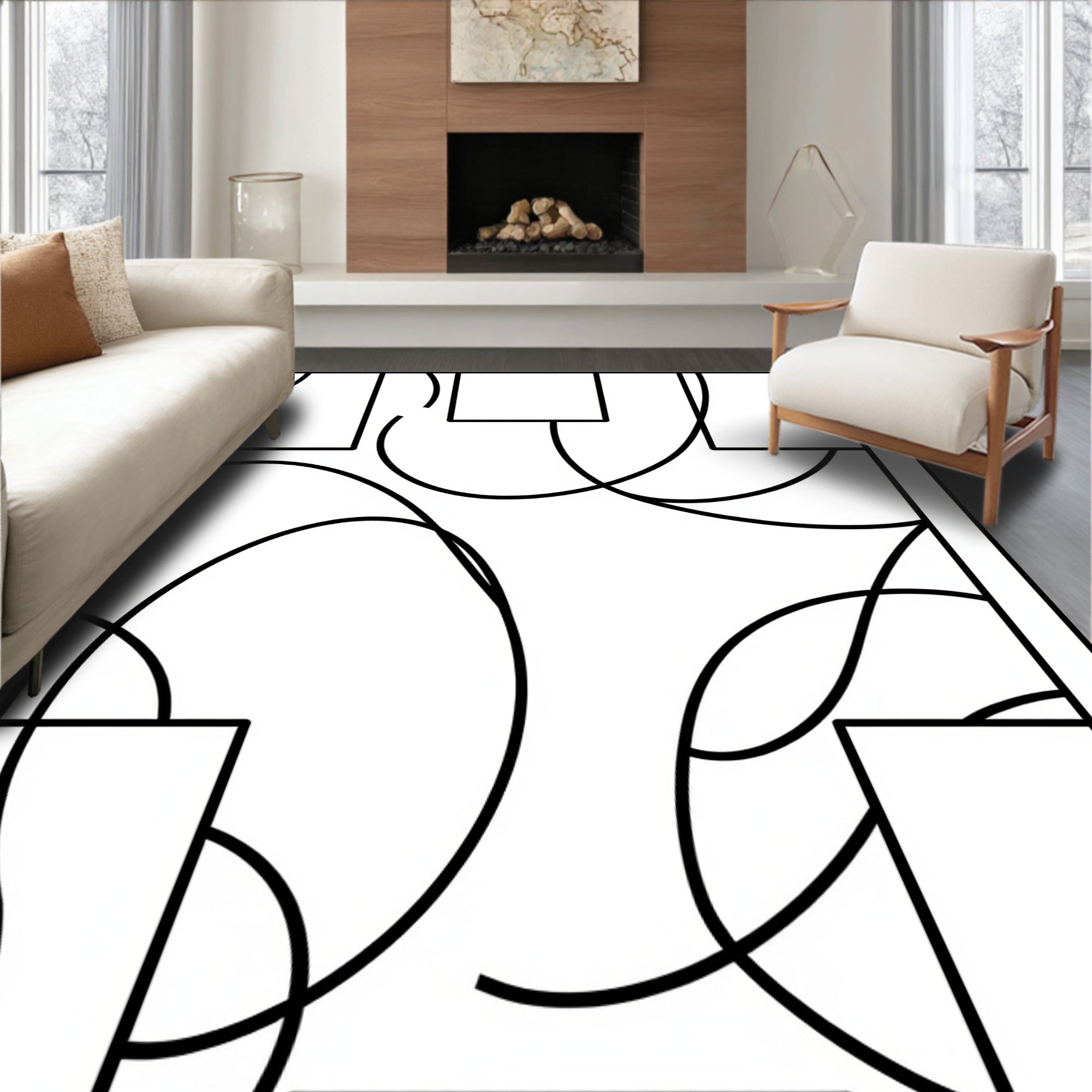 Abstract Black White Geometric Swirls Rug
