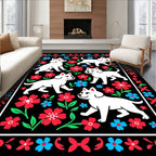 Happy White Dogs Red Blue Flowers Rug