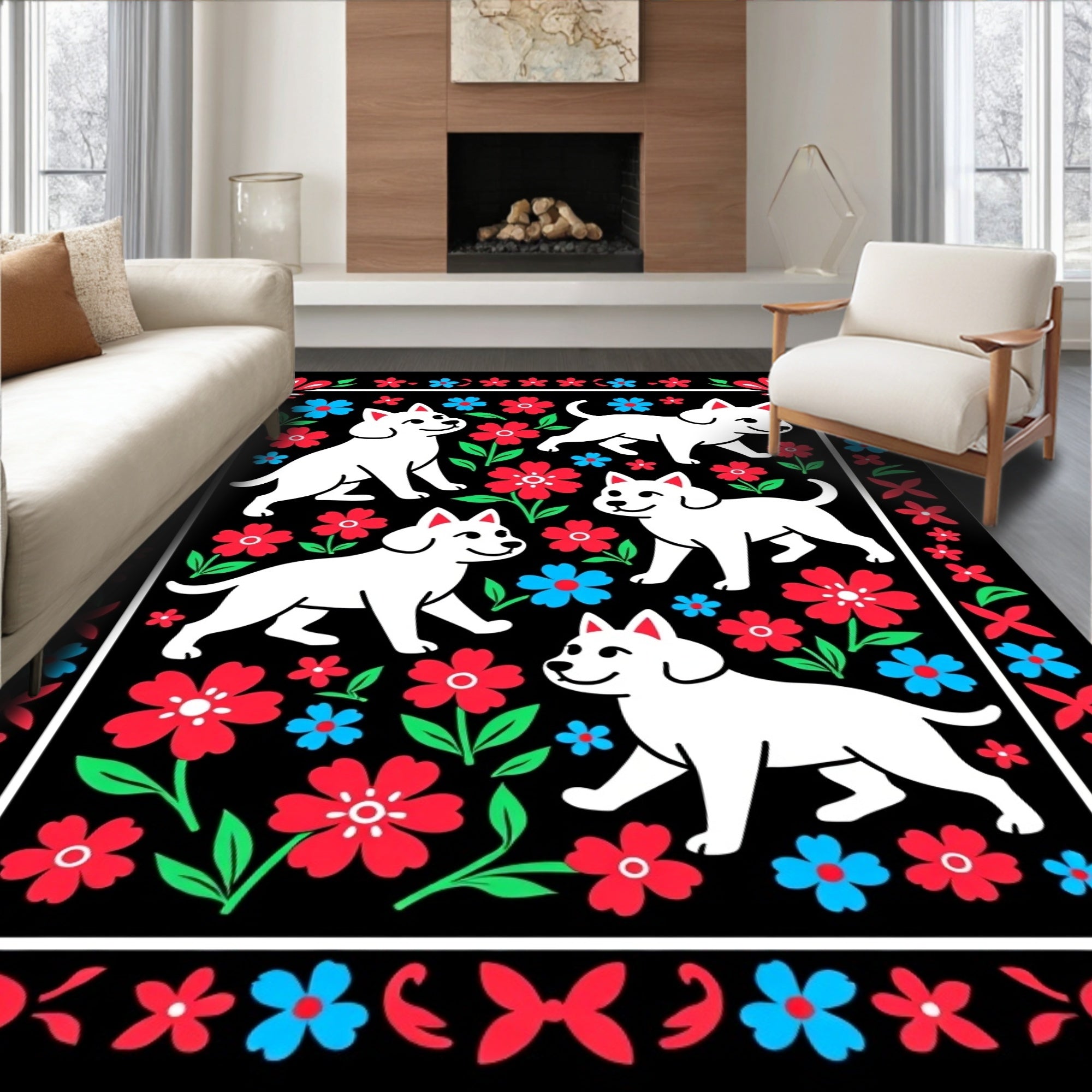 Happy White Dogs Red Blue Flowers Rug