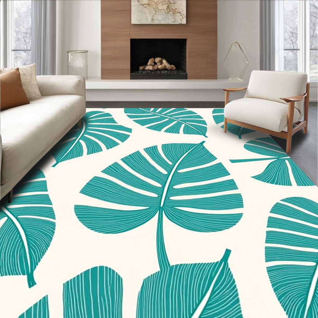 Teal Monstera Leaf Textured Ivory Rug