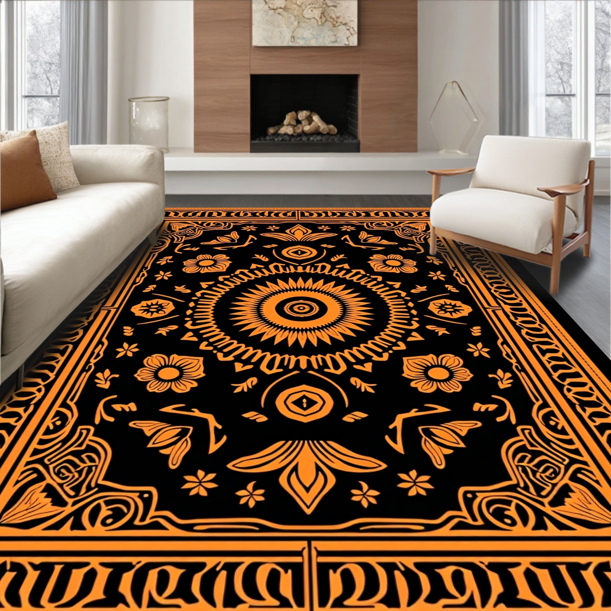 Orange Black Sun Floral Medallion Rug