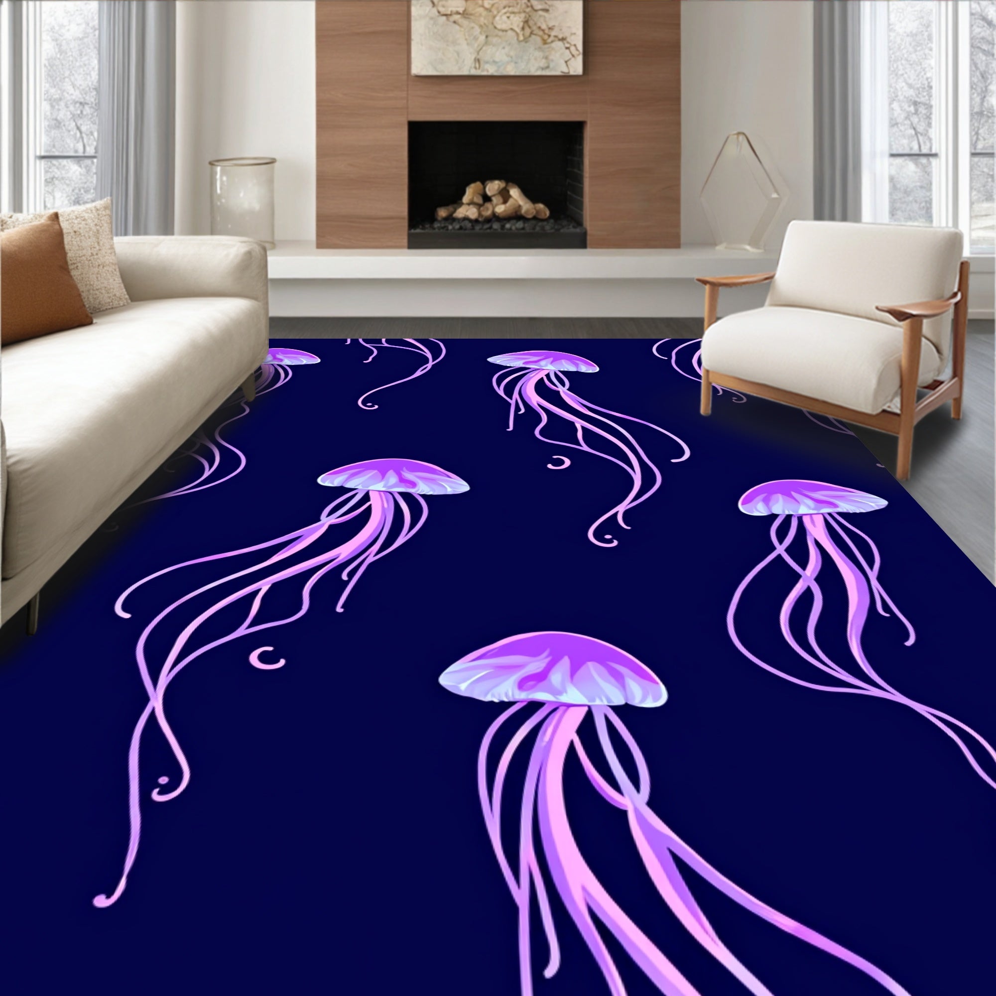Vibrant Pink Jellyfish Deep Blue Sea Rug