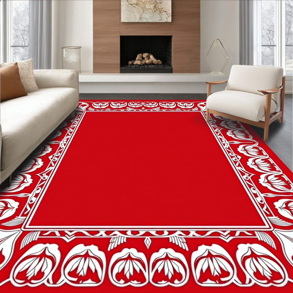 Crimson White Floral Border Frame Rug