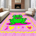 Whimsical Green Frog Pink Bow Hearts Rug