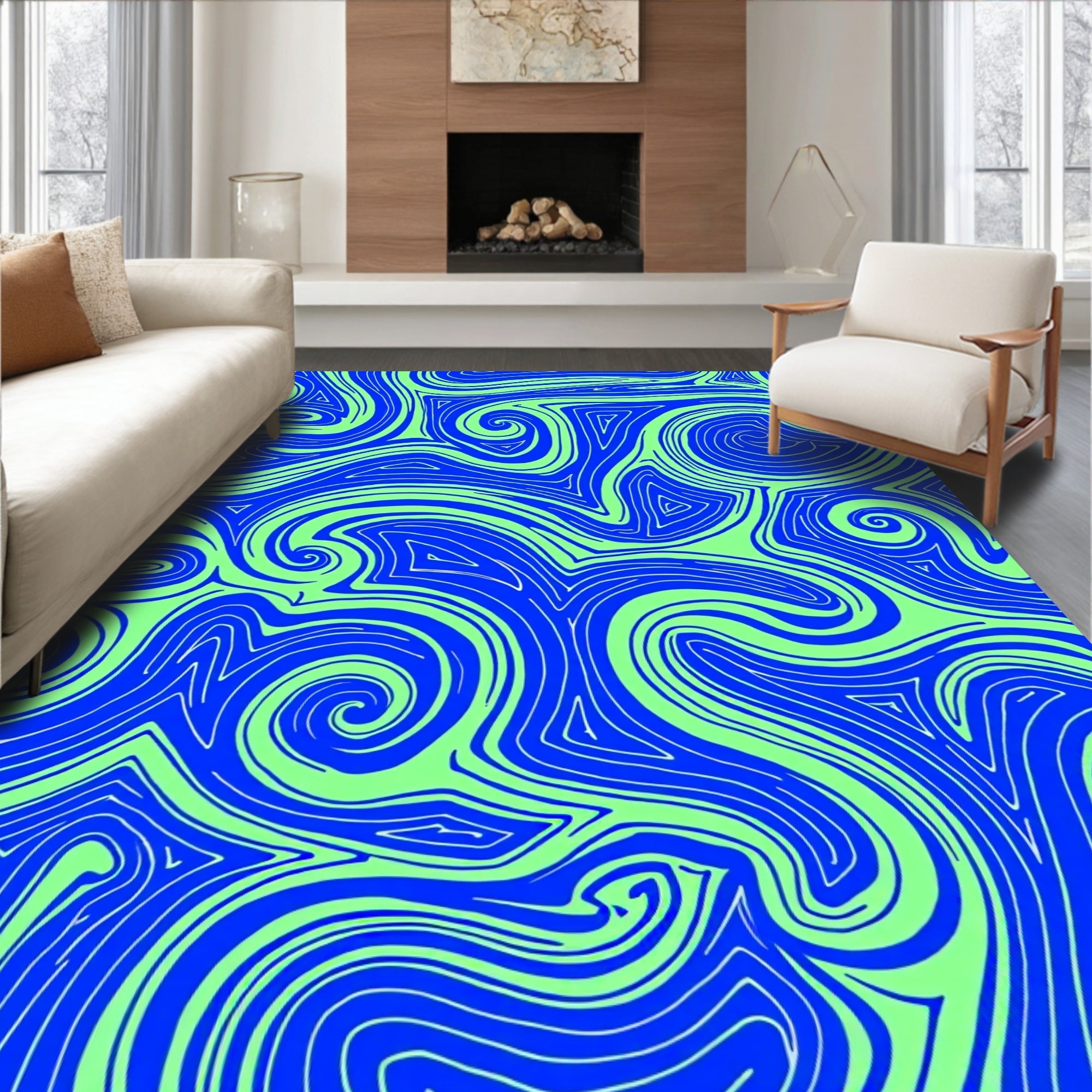 Dynamic Blue Swirl Triangles Rug