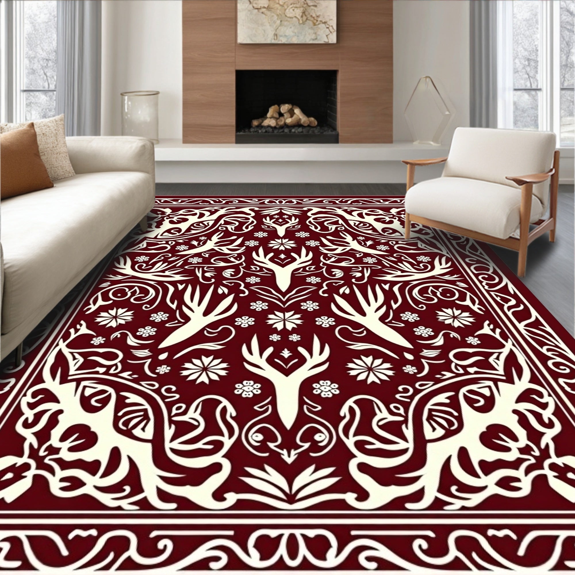 Burgundy Deer Antler Floral Medallion Rug