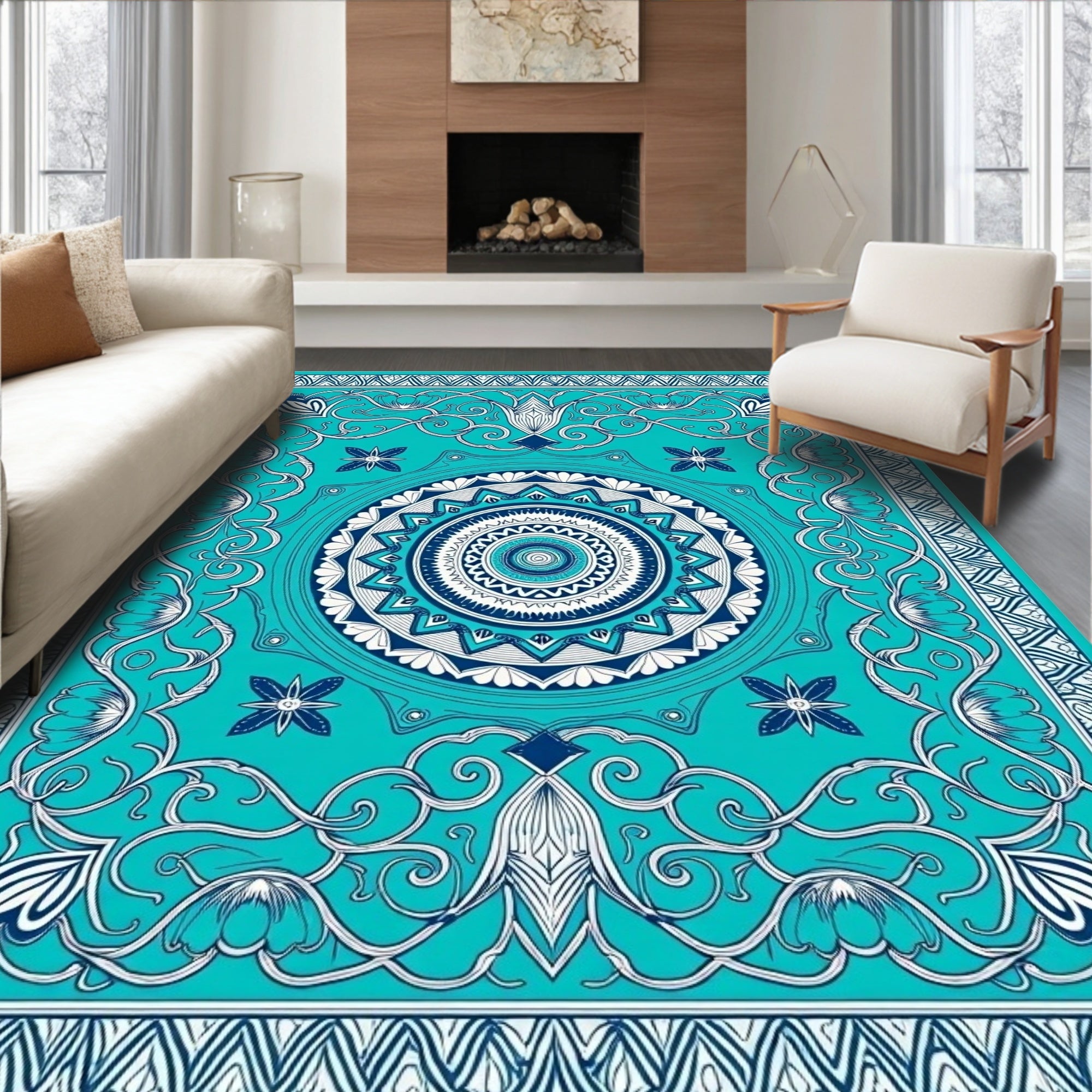 Ocean Blue Mandala Floral Scroll Rug