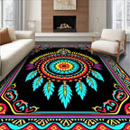 Vibrant Feather Mandala Black Rug