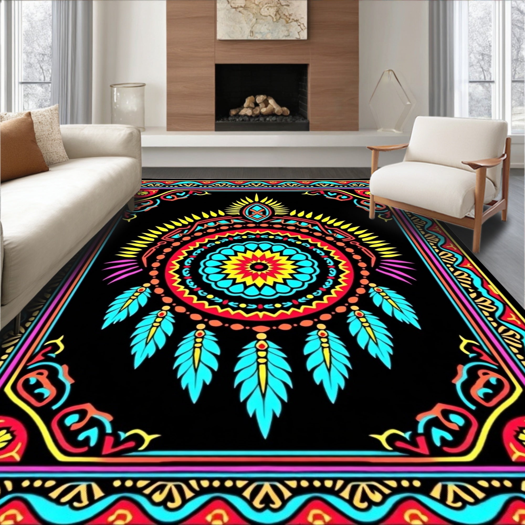 Vibrant Feather Mandala Black Rug