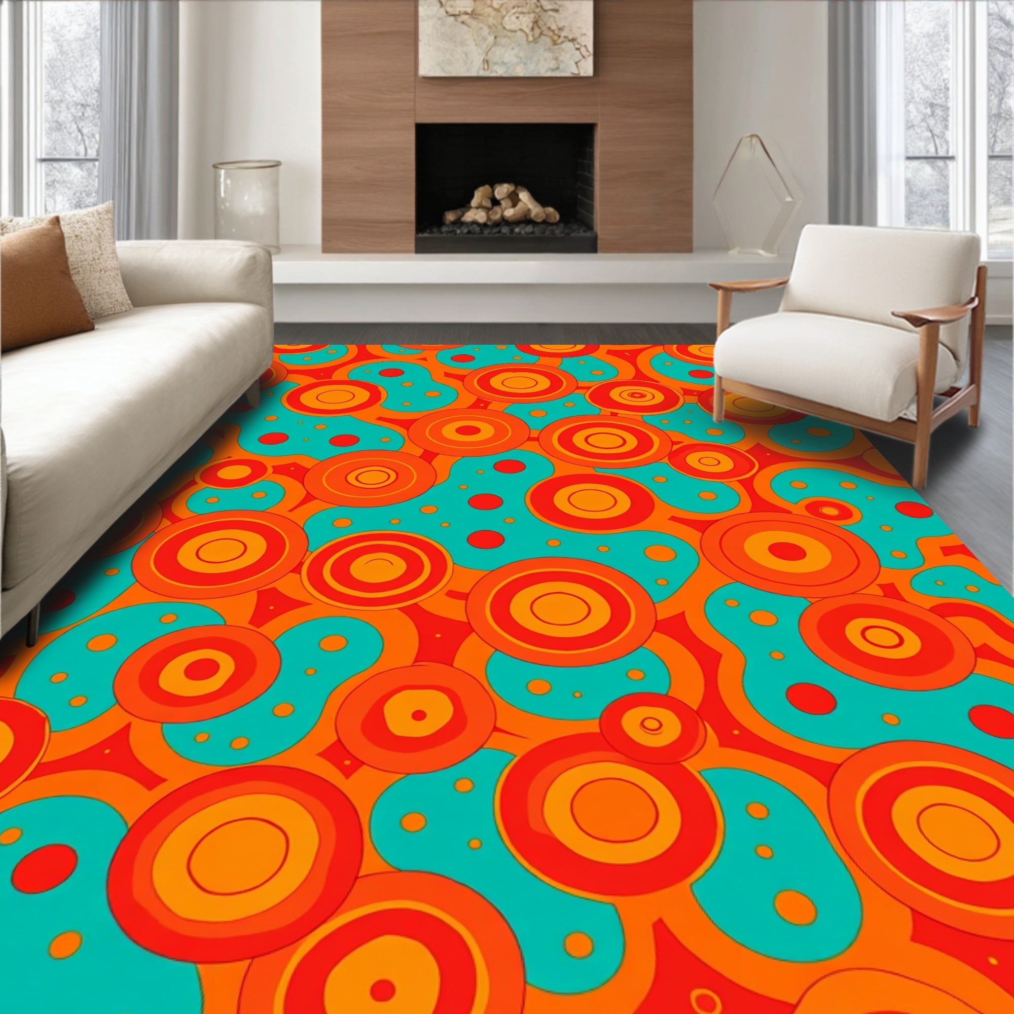 Retro Orange Teal Concentric Circles Rug