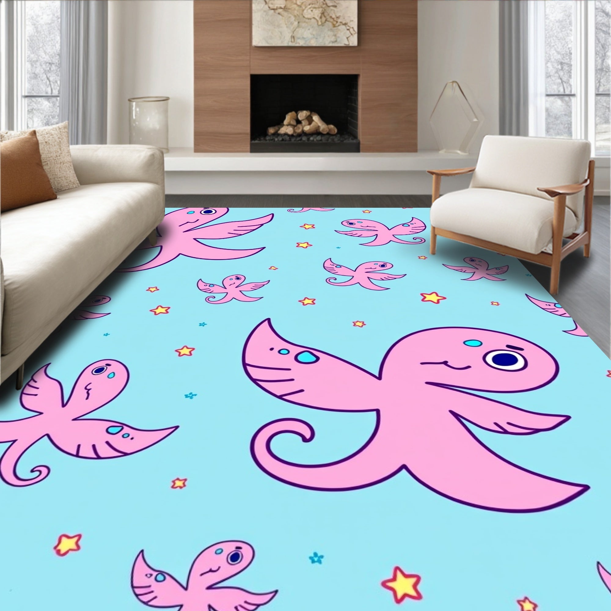 Playful Pink Octopus Starry Sky Rug