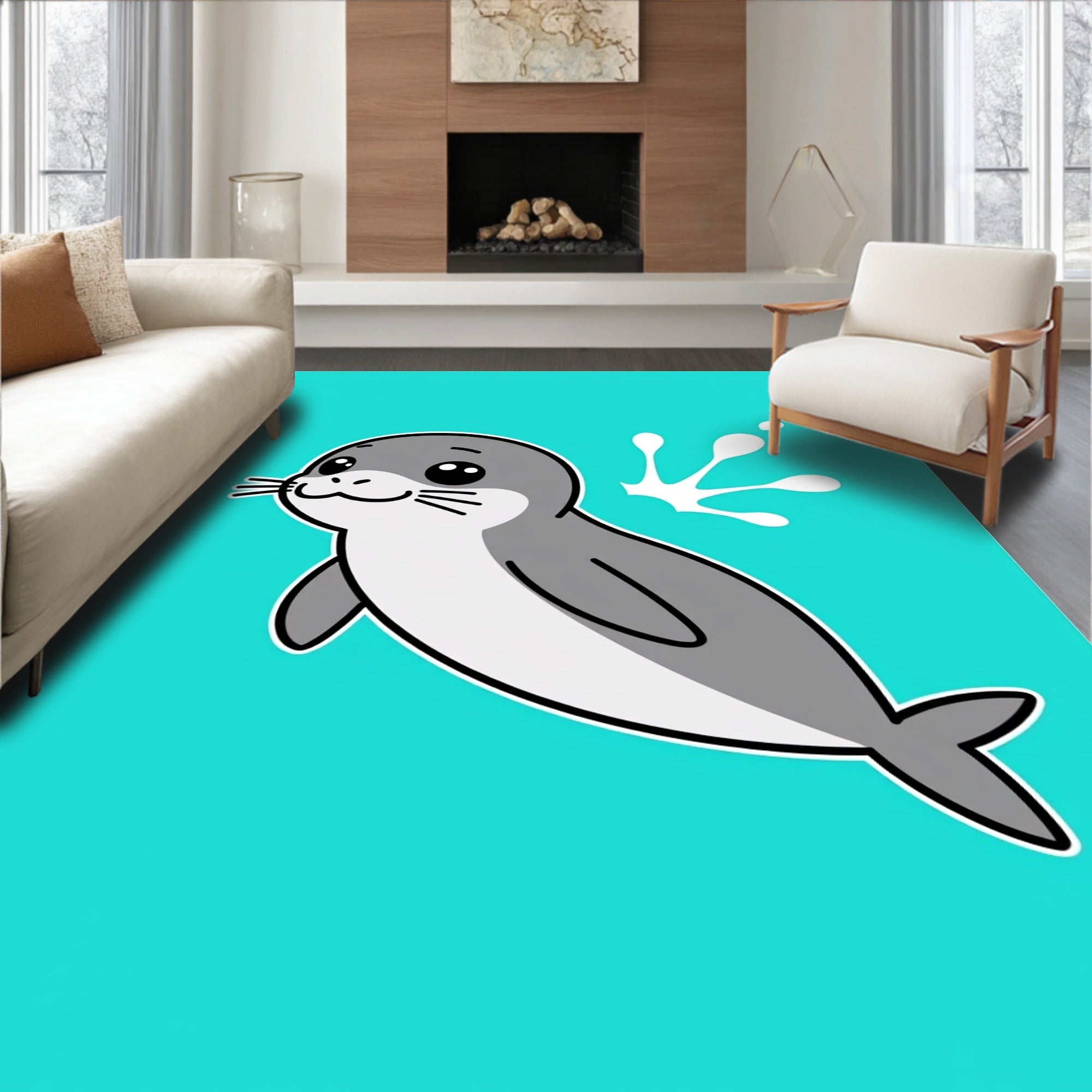 Happy Gray Seal Flipping Water Rug
