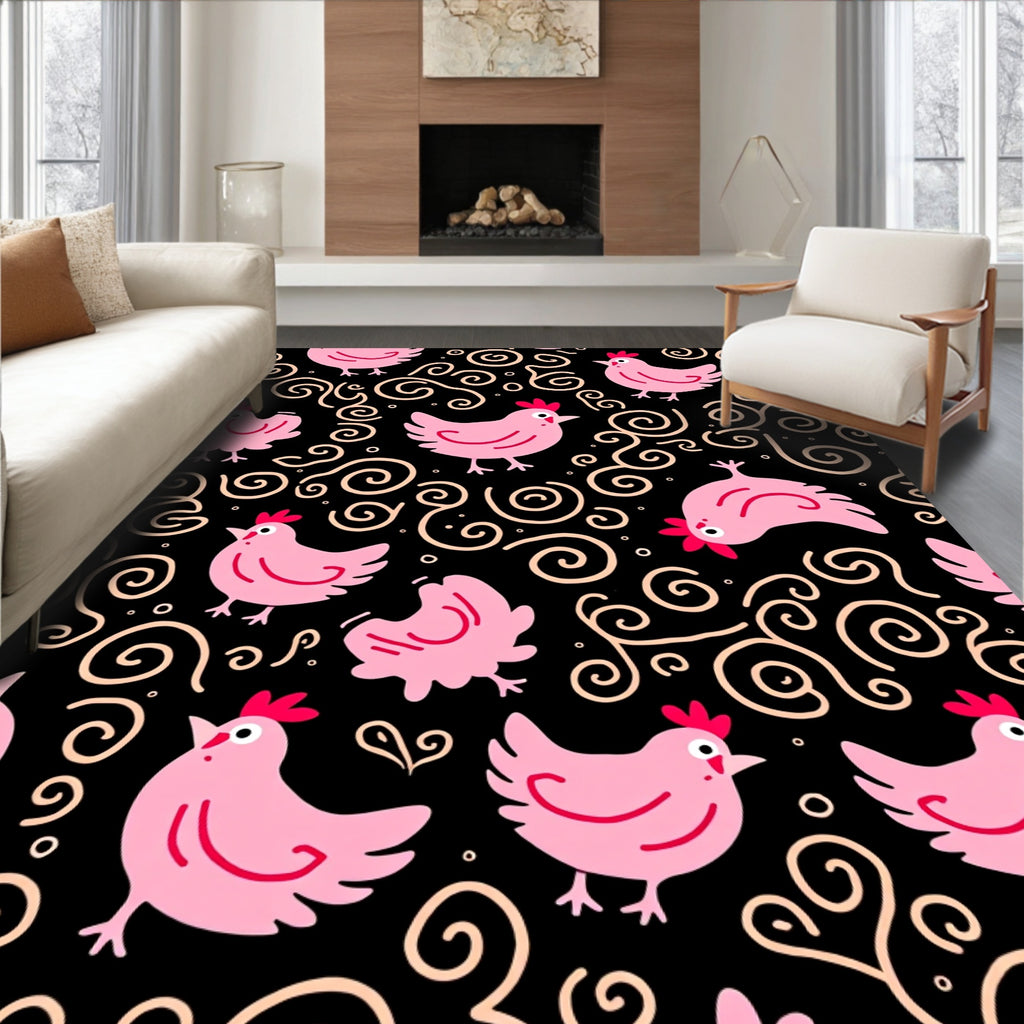 Pink Chicks Swirls Black Background Rug
